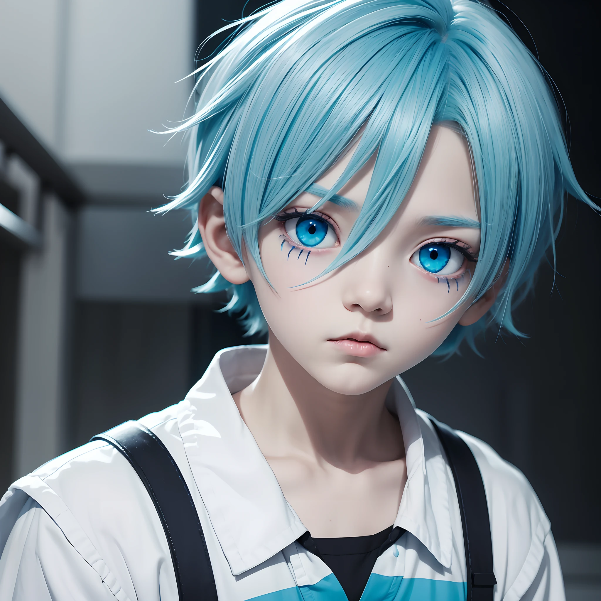 Litte boy cyan hair,cyan eyes,scarred eye)(white and blue clothes) anime
