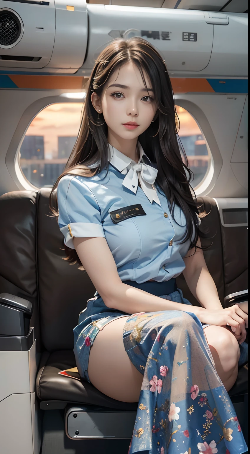 （From the outside） ， many color，Best quality at best，8K，real photograph，Delicate skin details，tmasterpiece，photograph of-realistic，Complicated details，RAW photogr,In the plane，ssmile，florals，stewardess，sockes,Extra-long hair，cropped shoulders，delicated face，Hainan Airlines，Flight attendant professional attire，Manteau，a skirt，decorations，Perfect Finger，Dissection is correct，(Huge room，0.8)，big cuvy hips，shiny skins，Shooting from front