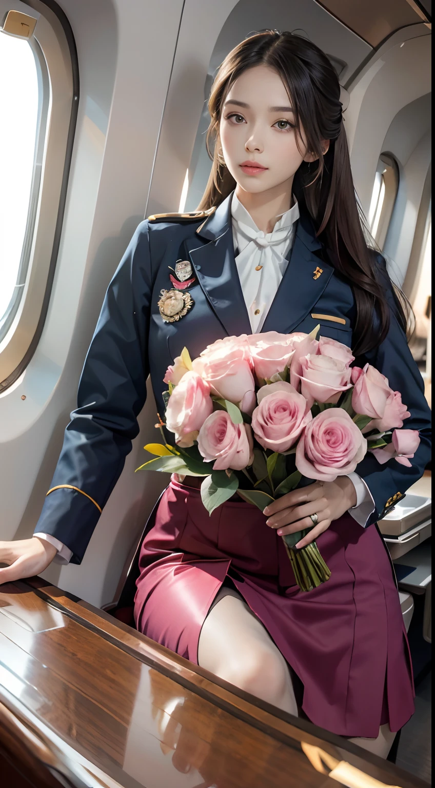 （From the outside） ， many color，Best quality at best，8K，real photograph，Delicate skin details，tmasterpiece，photograph of-realistic，Complicated details，RAW photogr,In the plane，ssmile，florals，stewardess，sockes,Extra-long hair，cropped shoulders，delicated face，Hainan Airlines，Flight attendant professional attire，Manteau，a skirt，decorations，Perfect Finger，Dissection is correct，(Huge room，0.8)，big cuvy hips，shiny skins，Shooting from front