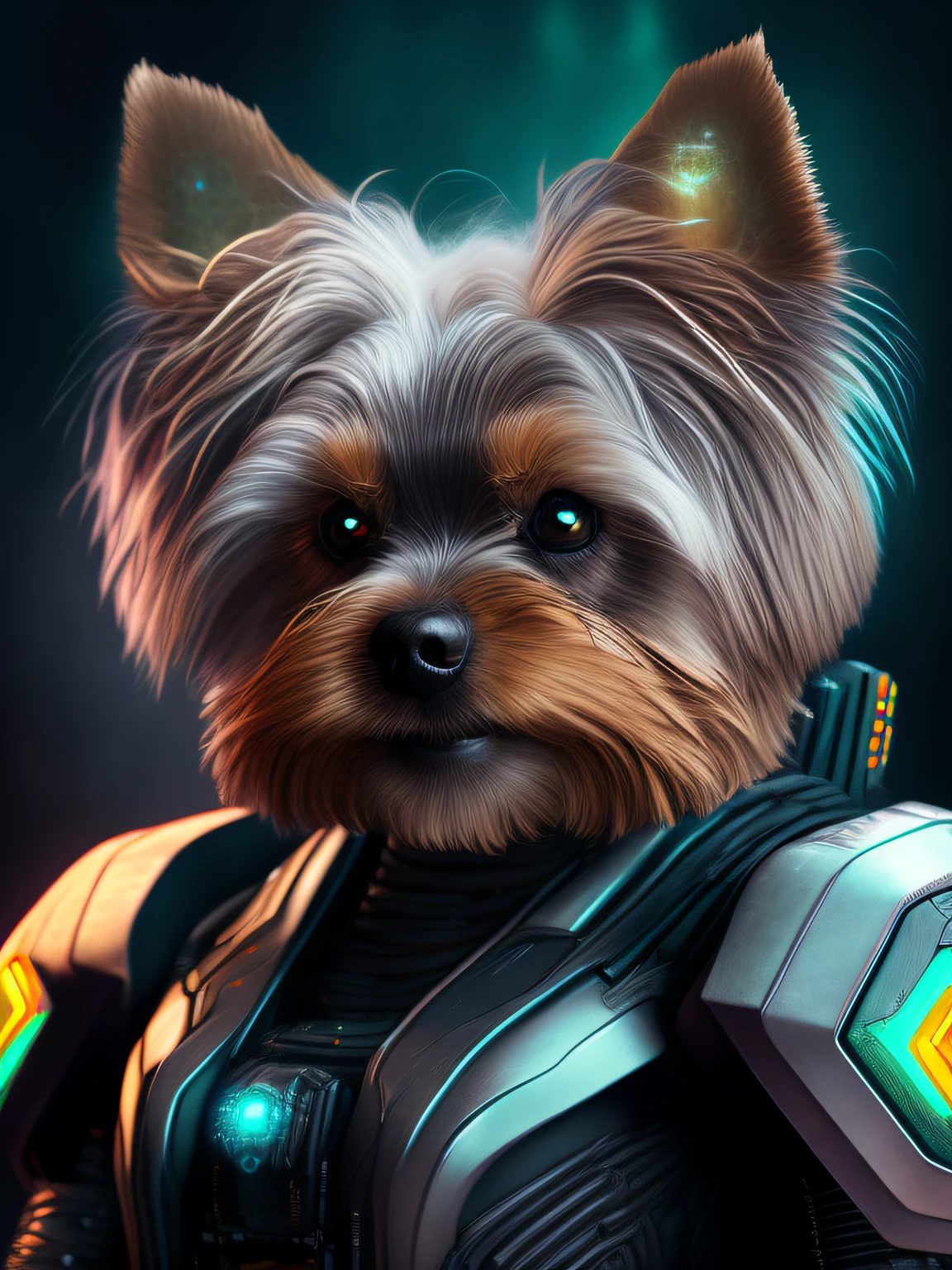 (masterpiece:1.2),(ultra-detailed:1.1),best quality,clear & before,cool features,dazzling sci-fi style,doomslayer,yorkshire terrier,realistic robot,cyberpunk/robot power armor,close-up portrait,dark background,cold colors,.