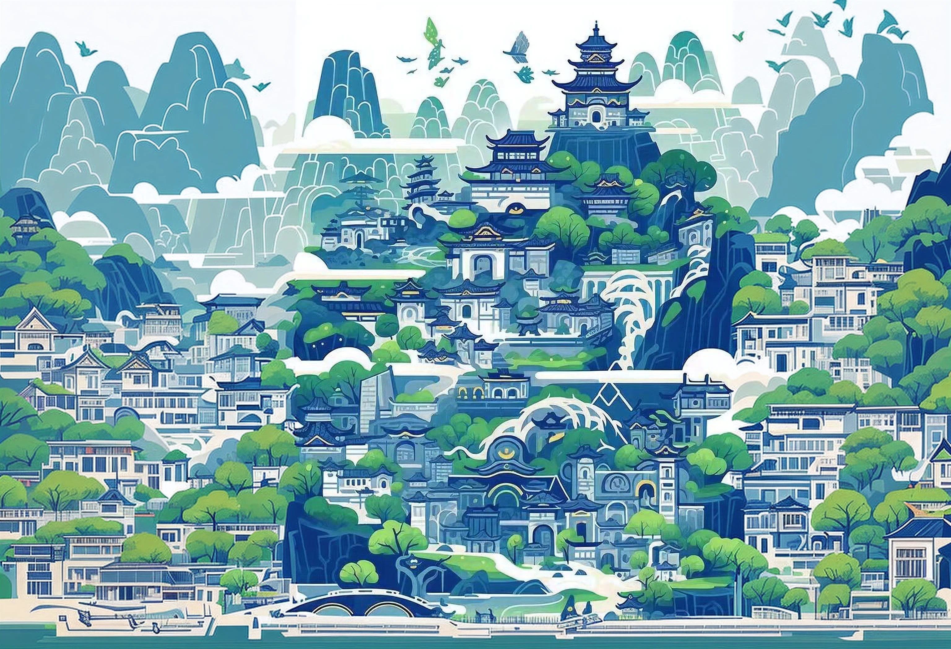 Vector illustration，The buildings in Guilin City are green and blue，City of Guilin，Guilin-style patterned lines, Guangxi，white backgrounid， Graphic design poster art，Bold lines，Smooth lines，Classical themes and themes，woodcut print，Meticulous character design，white backgrounid