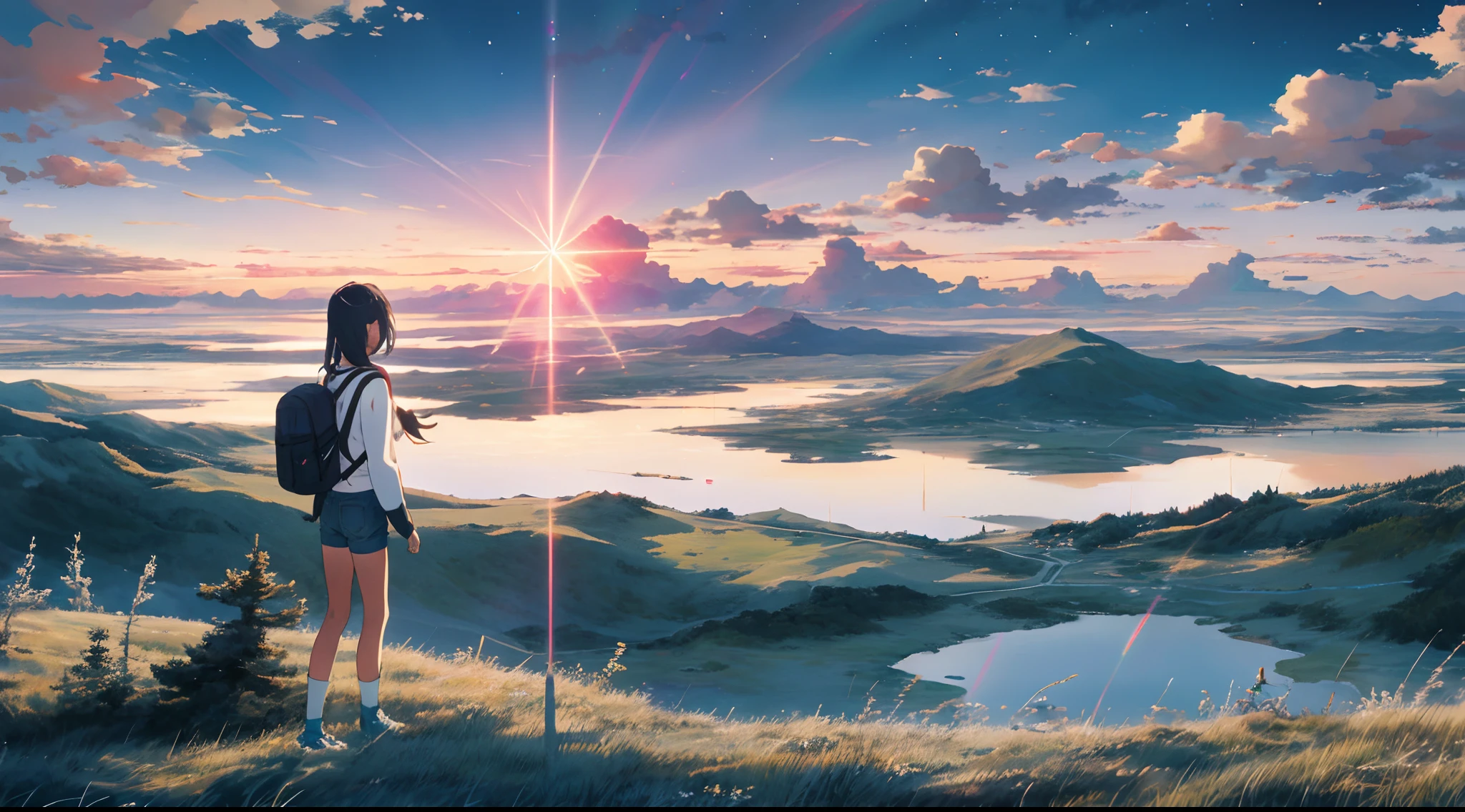 The vast sky, beautiful pinkish and cyan combined skyline, large grasslands, extremely tense and dramatic pictures, moving visual effects, the high-hanging Polaris, and colorful natural light. A long-sleeved top, denim shorts, and a girl with a backpack.