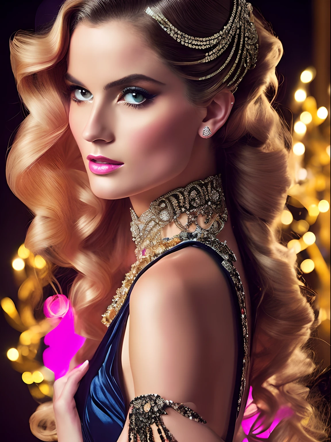 (masterpiece) A stunning closeup image of a sensual and insanely stunning modern-day aristocrat with a twist of rococo extravance, reminiscent of Tamara de Lempicka’s Art Deco elegance. Incorporated bold neon lights to highlight the intricate rococo details, casting a mesmerizing glow on the subject, style raw, in the style of shiny swarovski crystals.
