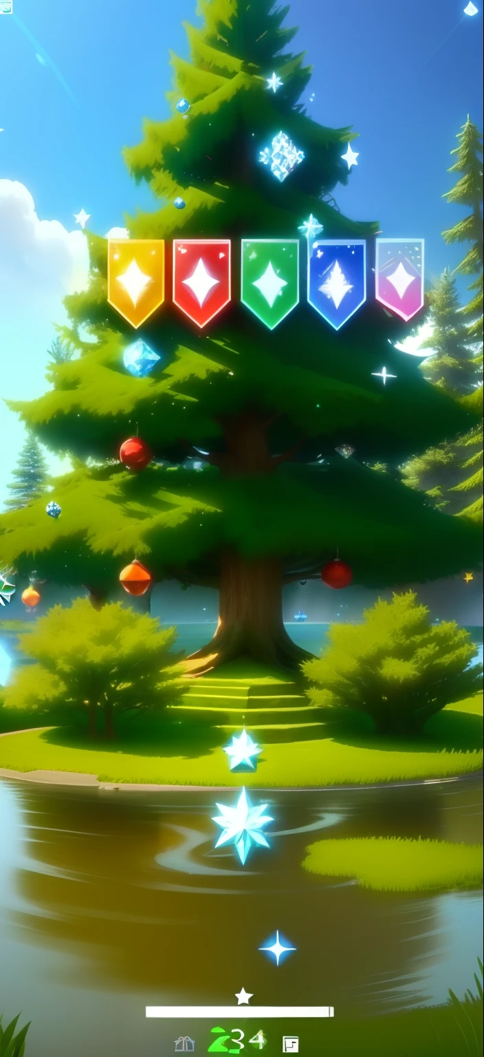 Background image of the main interface of the mini game，Christmas tree with snowman and snowman cartoon image, nipple play, a fish climbing a tree, gameplay, ingame image, sword stuck in a pond island, 2 d game, scutoid, game footage, flying trees and park items, spike shell, pines symbol in the corners, game footage, gameplay video, star sharpness, Diamond Tree