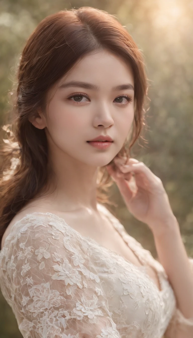 (daydream), 1girl, solo picture, Kim Yoo-jung, (pretty young face (Russian)), focus chest, (asymmetrical bob), (lace dress), (8k HD extremely realistic detailed face:1.5 (soft scene, very low lightning), detailed beautiful reflection pupils, masterpiece:1.3, ultra highres:1.2, dynamic lighting)