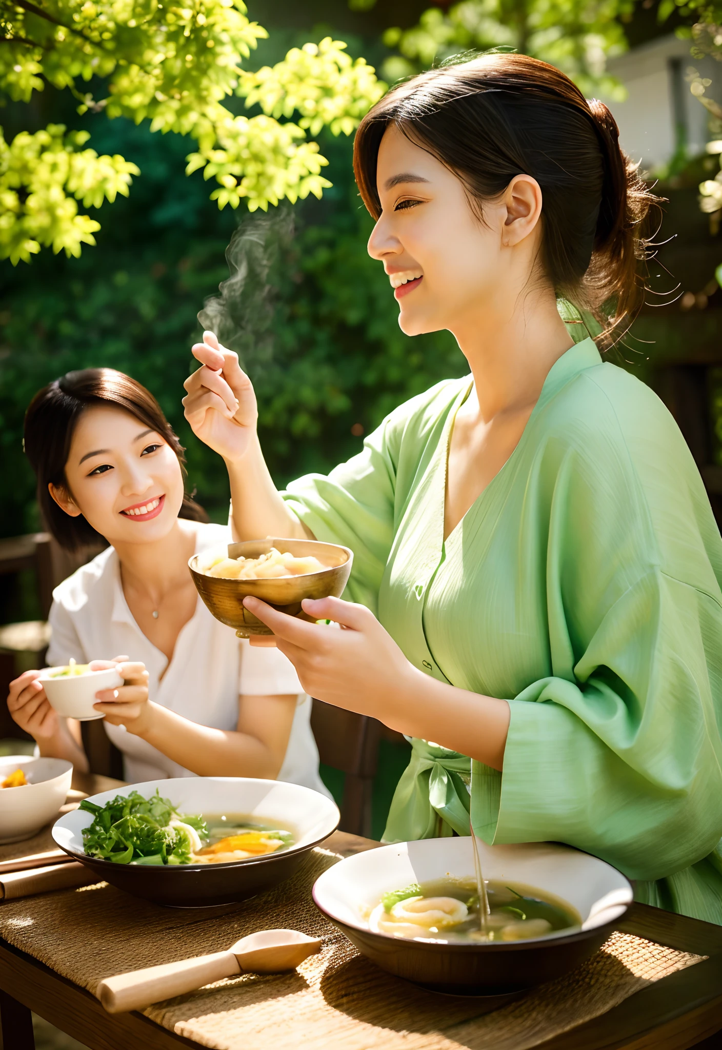 (best quality,4k,highres),(realistic:1.37),portrait,photo-realistic:1.37,colorful,soft lighting,gardens,curry udon,beautiful detailed eyes,beautiful detailed lips,joyful expression,enjoying the delicious meal,tasty udon,delicious curry broth,steaming bowl,perfectly cooked noodles,enticing aroma,satisfying meal,traditional Japanese dish,lush greenery,serene atmosphere,peaceful surroundings,vivid colors,authentic flavor,dining outdoors with friends,fascinating details,utmost happiness,on a sunny day,shimmering sunlight through the leaves,serenity and bliss.