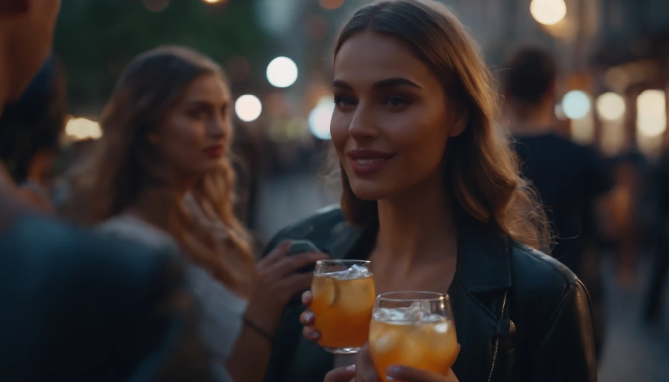 Street with people partying, girls wearing shorts with drinks in their hands, men with drinks in their hands, luxury cars passing on the street, 4k, ultra realistic