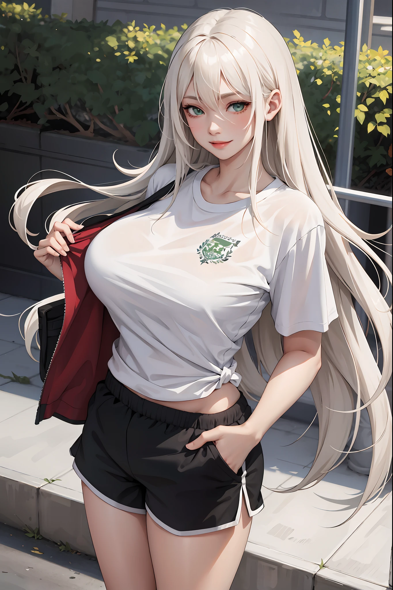 (masterpiece:1.2, best quality), (real picture, intricate details), 1lady, solo, whole body, long hair, minimal makeup, detailed face, smiling, really long light platinum blonde hair, bangs, hair between eyes, green eyes, big plump breasts, big ass, SFW, clothes, school PE uniform, white shirt, t-shirt, tight shirt, tight school t-shirt, school PE short, gym shorts, PE shorts
