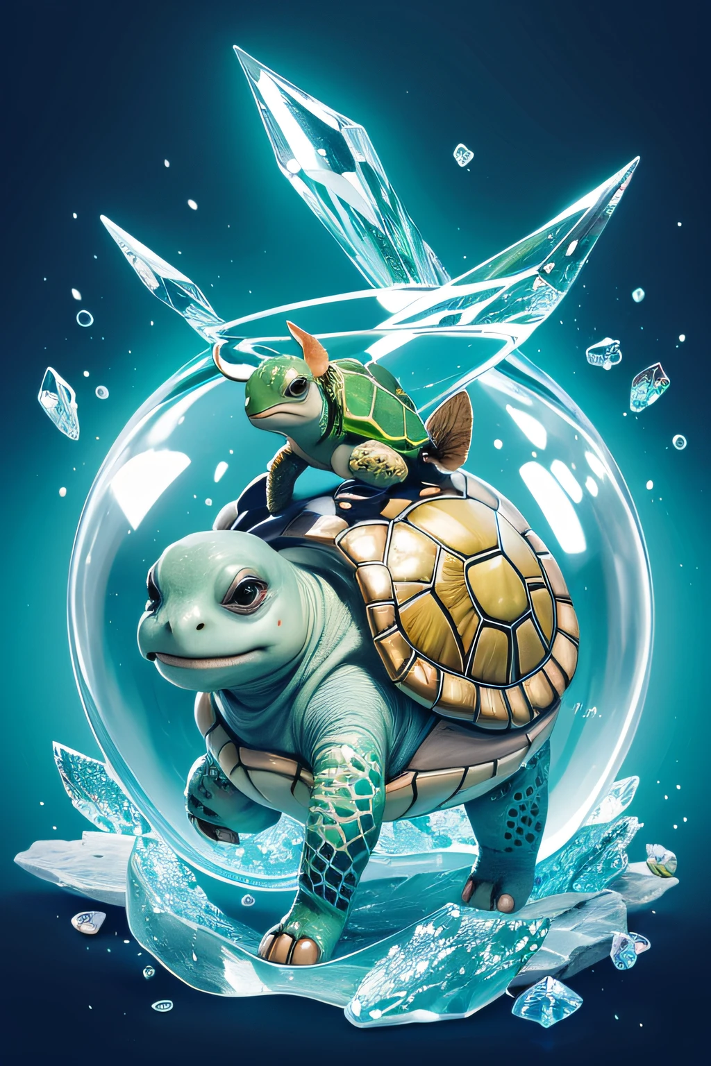 Cartoon illustration of baby turtle studded with hooves on crystal, Cartoon animal portrait, Magical characters, official illustrations, Cute portrait of baby turtle studded with hooves in crystal