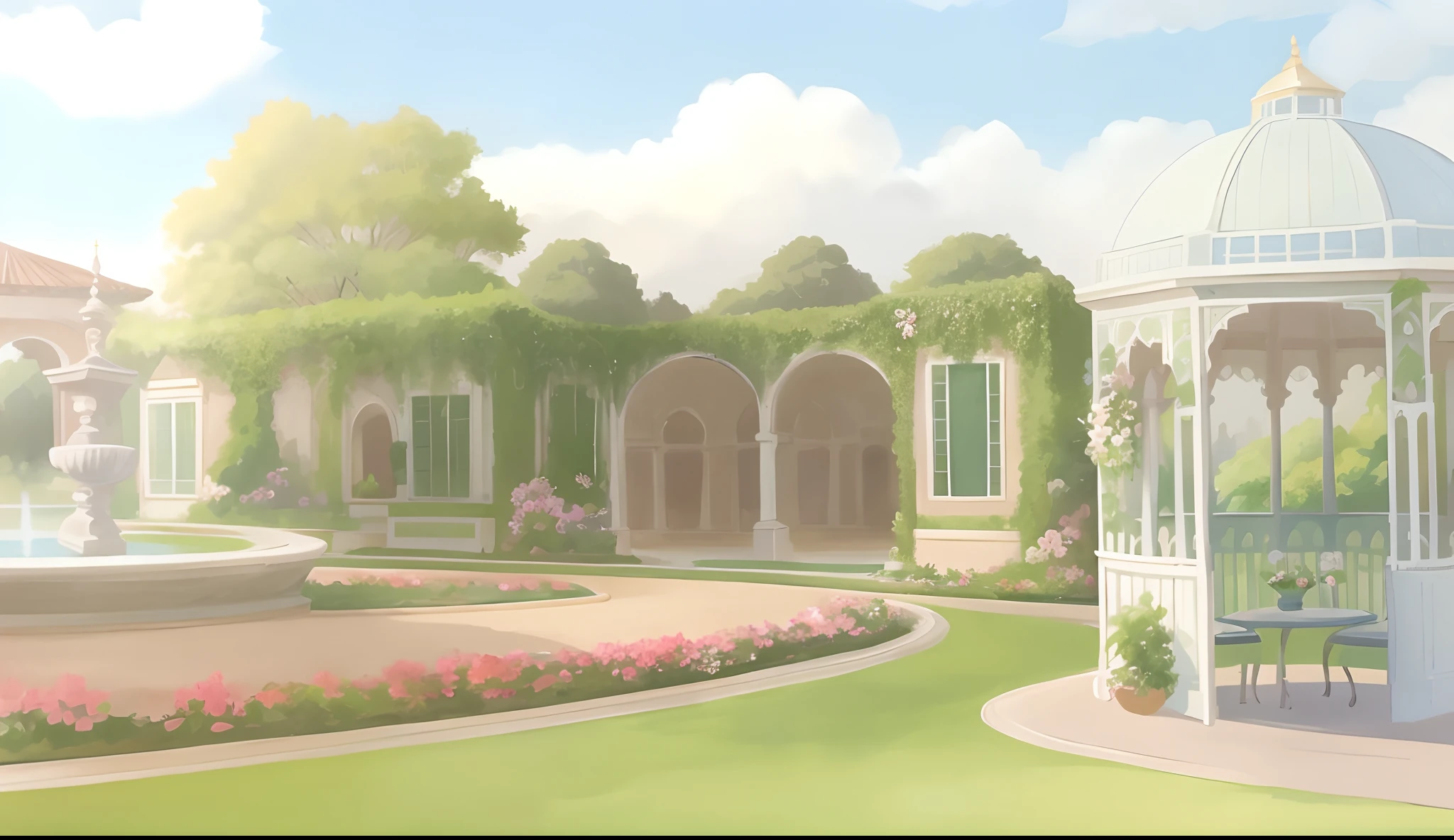 There is a gazebo in the middle of a garden with a fountain, Fundo do jardim real, palace background, Arte de fundo, arte de fundo do anime, anime scenery concept art, arte de fundo, anime scenery, Fundo do anime, beautiful anime scenery, fundo do jardim, paisagem do jardim real, fundo do parque, random background scene, ballroom background, arte conceitual relaxante, stunning arcanum backdrop