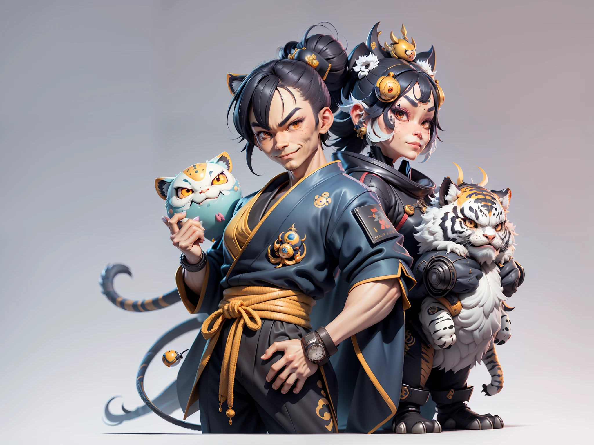 (Masterpiece), (Extreme Quality), (Super Meticulous), (Full Body: 1.2), Super Young Woman, Japanese Female Geisha, Beauty, Chinese Dragon, Tiger, Fengshen Thor, Sexy, Bursting, Oriental Face, TV Anchor, Bust Portrait Illustration, Alone, Black Suit, Blue Tie, Slightly Chubby, Very Clean Face, No Beard, Black Super Short Hair, Black Eyes, Confident Smile, 3c Computer Sub-Products, iPad, iPhone, Digital Painting, 3D character design by Mark Clairedon and Pixar and Hayao Miyazaki and Akira Toriyama, the illustrations are HD illustrations in 4K resolution with highly detailed facial features and cartoon-style visuals.