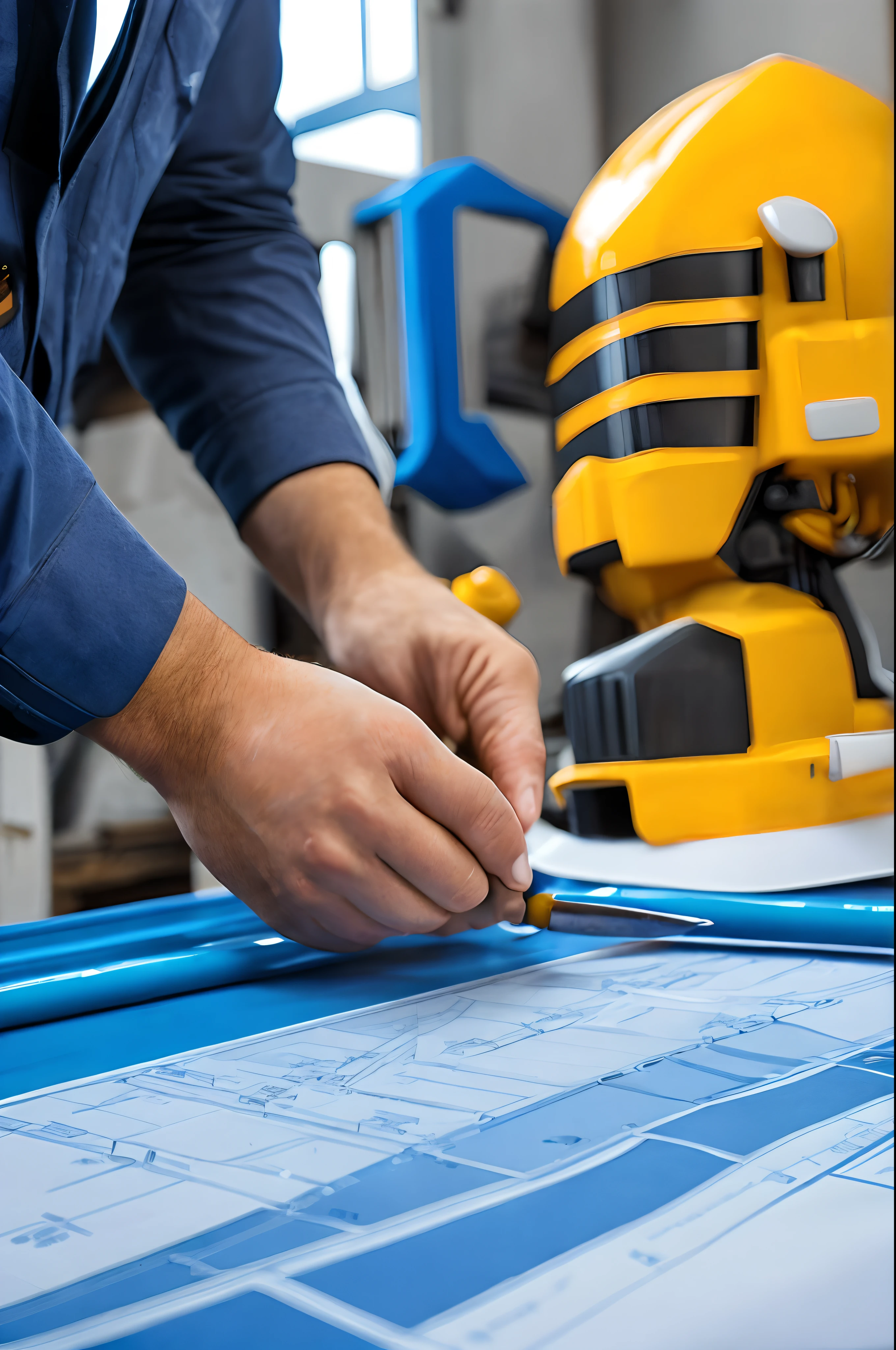 (best quality,ultra-detailed,realistic:1.37),engineer working on a blueprint,industrial photography,sharp focus,blueprint,construction site,high detail,hardhat,tools,precision,measurement,professional,expertise,accuracy,dedication,learning,innovation,problem-solving,efficiency,technology,creativity,industry,machinery,building,architecture,blue color tones,indoor lighting,professional setting,focus on details,progress,construction progression,achievement,hard work,dedication,professionalism,skilled labor,craftsmanship,precision instruments,safety precautions,teamwork.