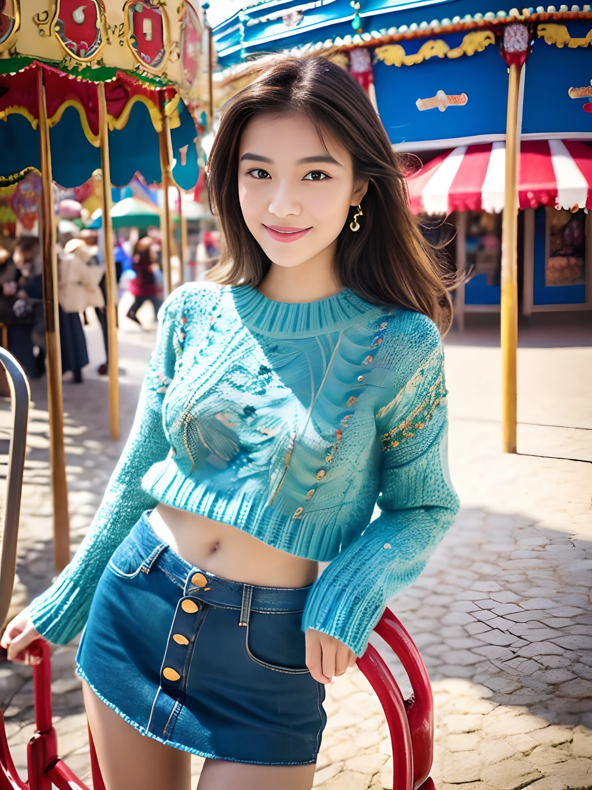18 year old girl with perfect face and big breasts, small face, right hand and hair, cute clothes, slim and slender physique. The skin has detailed and highly detailed eyes (1.1 emphasis), very detailed skin texture (1.1 emphasis). Slender necklace, model photo style, photorealistic, skin texture is real human skin texture, detailed skin pores, intricate details, eyes are very detailed, knitted sweater, knitwear, knitted colorful!!!、! dream knitwear, highly detailed knitwear, denim skirt, from the knee up, attractive sexy chibiru, smile, strong smile, amusement park, merry-go-round,