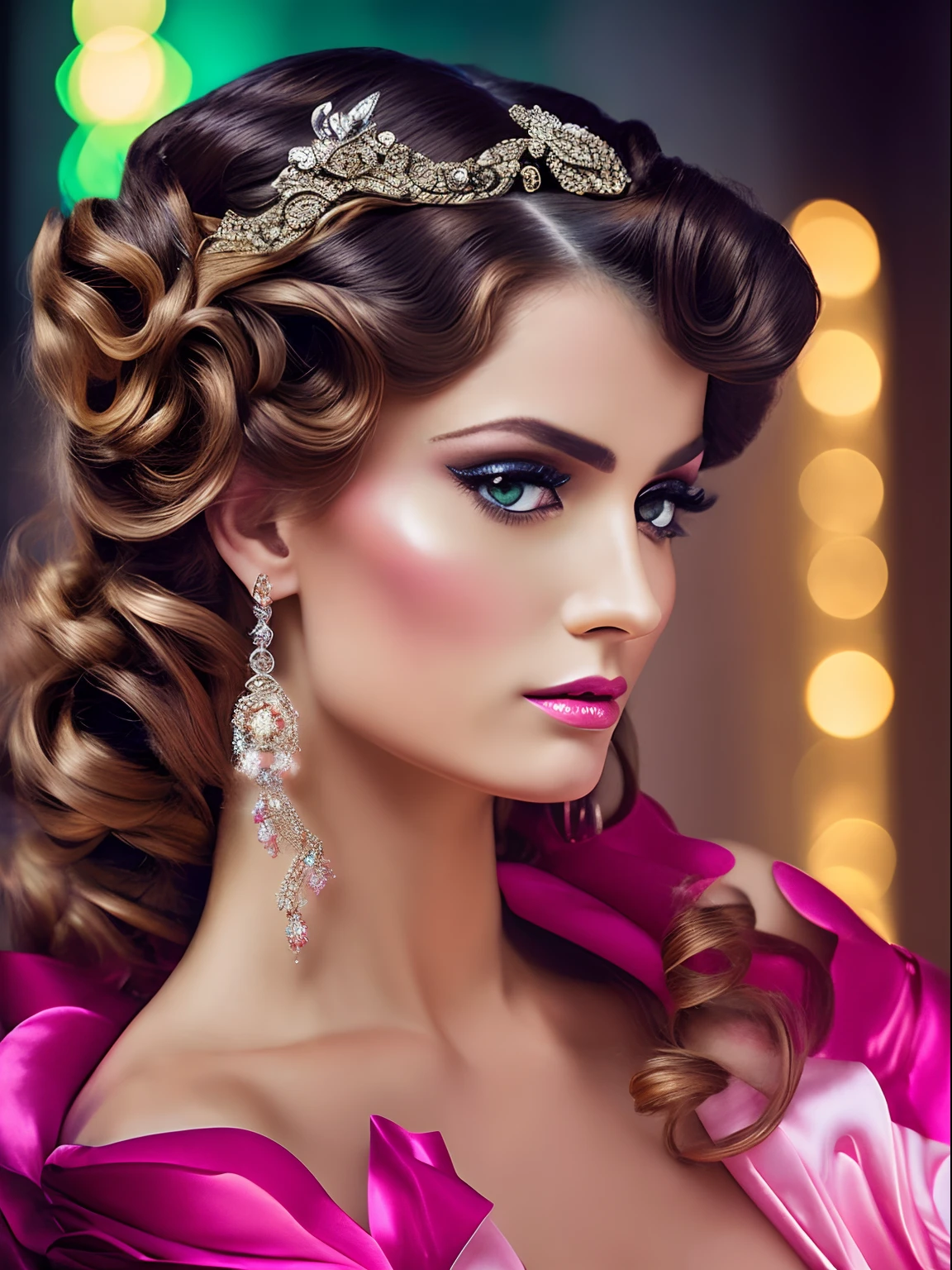 (masterpiece) A stunning closeup image of a sensual and insanely stunning modern-day aristocrat with a twist of rococo extravance, reminiscent of Tamara de Lempicka’s Art Deco elegance. Incorporated bold neon lights to highlight the intricate rococo details, casting a mesmerizing glow on the subject, style raw, in the style of shiny swarovski crystals.
