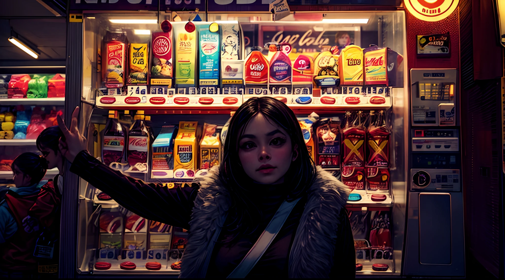 araffe vending machine with a seductive woman standing in front of it, lofi girl, stood in a supermarket, in a mall, super vibrant cyberpunk, lofi girl aesthetic, convenience store, soda themed girl, smooth in _ the background, semi-realism, at a mall, (((low light))), nsfw