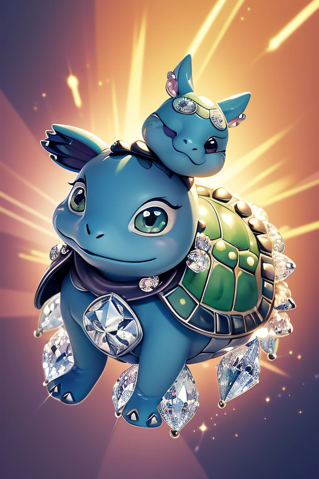 Cartoon illustration of baby turtle studded with hooves on crystal, Cartoon animal portrait, Magical characters, official illustrations, Cute portrait of baby turtle studded with hooves in crystal