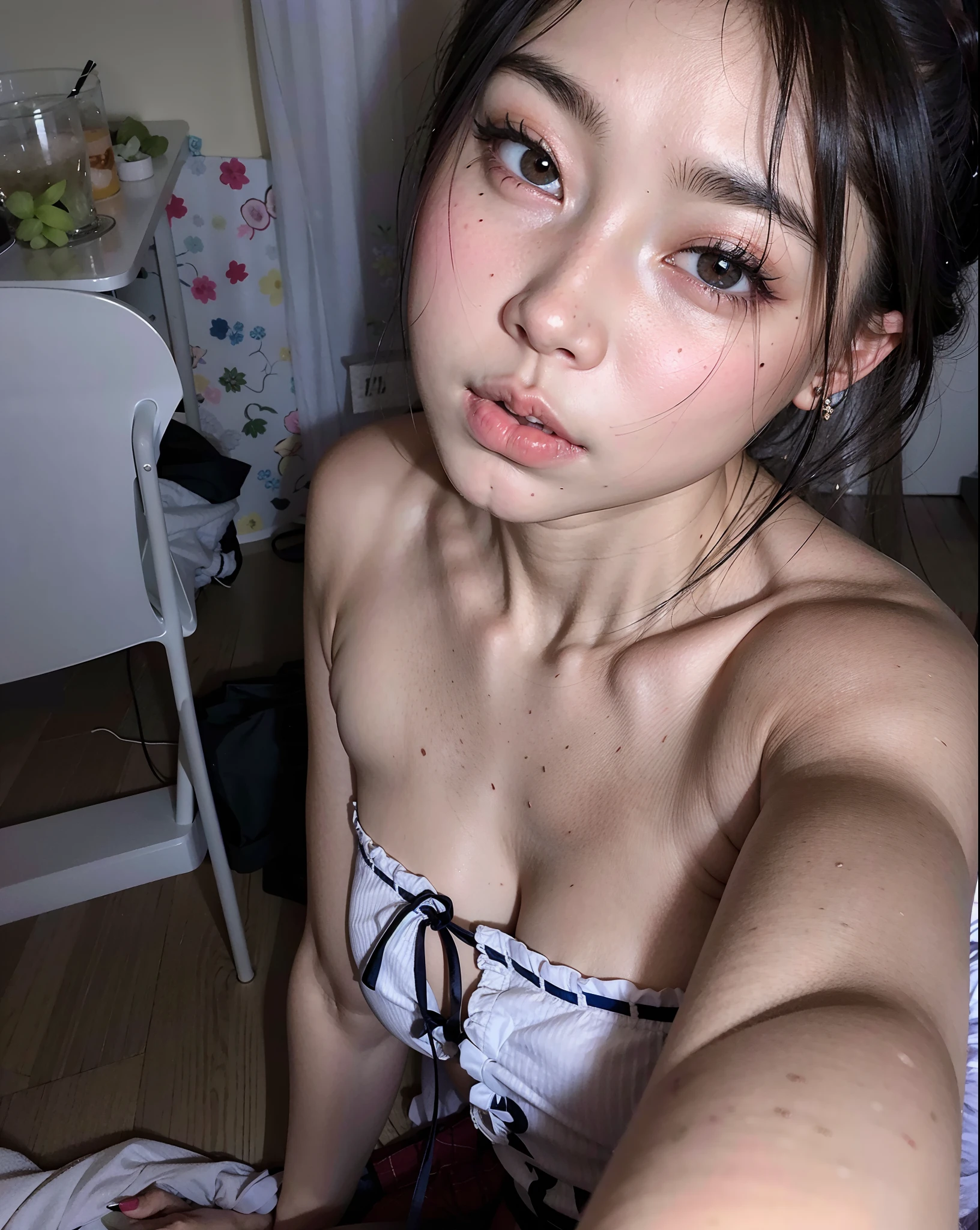 there is a woman that is sitting on a bed with a remote, Beautiful Asian girl, young cute wan asian face, pale thin lips, with very thin lips, coreana, Asian girl, gorgeous chinese model, sexy look at the camera, Olhos do quarto, 18 anos, meninao-fino-cara, Asian face, Rosto bonito das meninas japo