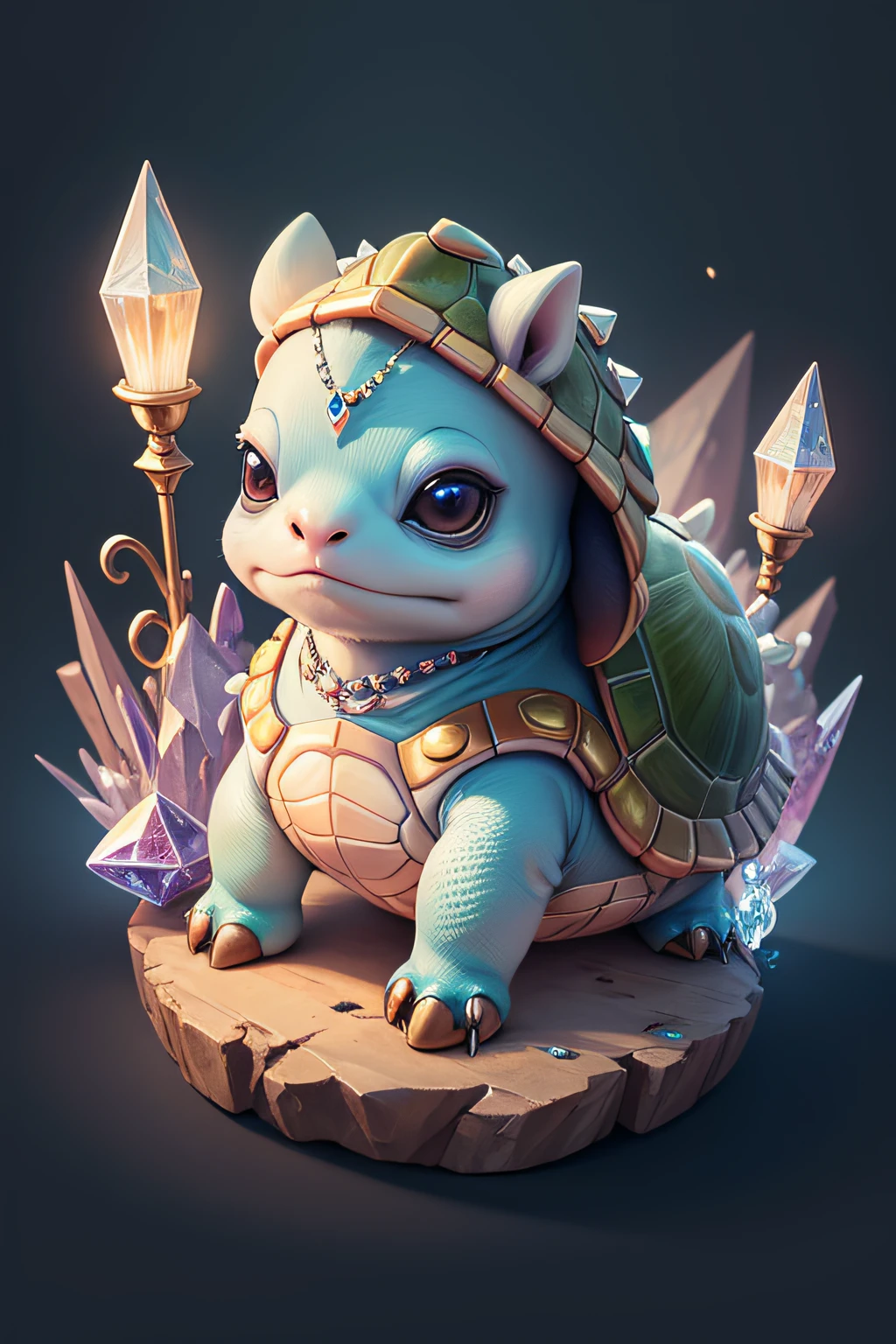 Cartoon illustration of baby turtle studded with hooves on crystal, Cartoon animal portrait, Magical characters, official illustrations, Cute portrait of baby turtle studded with hooves in crystal