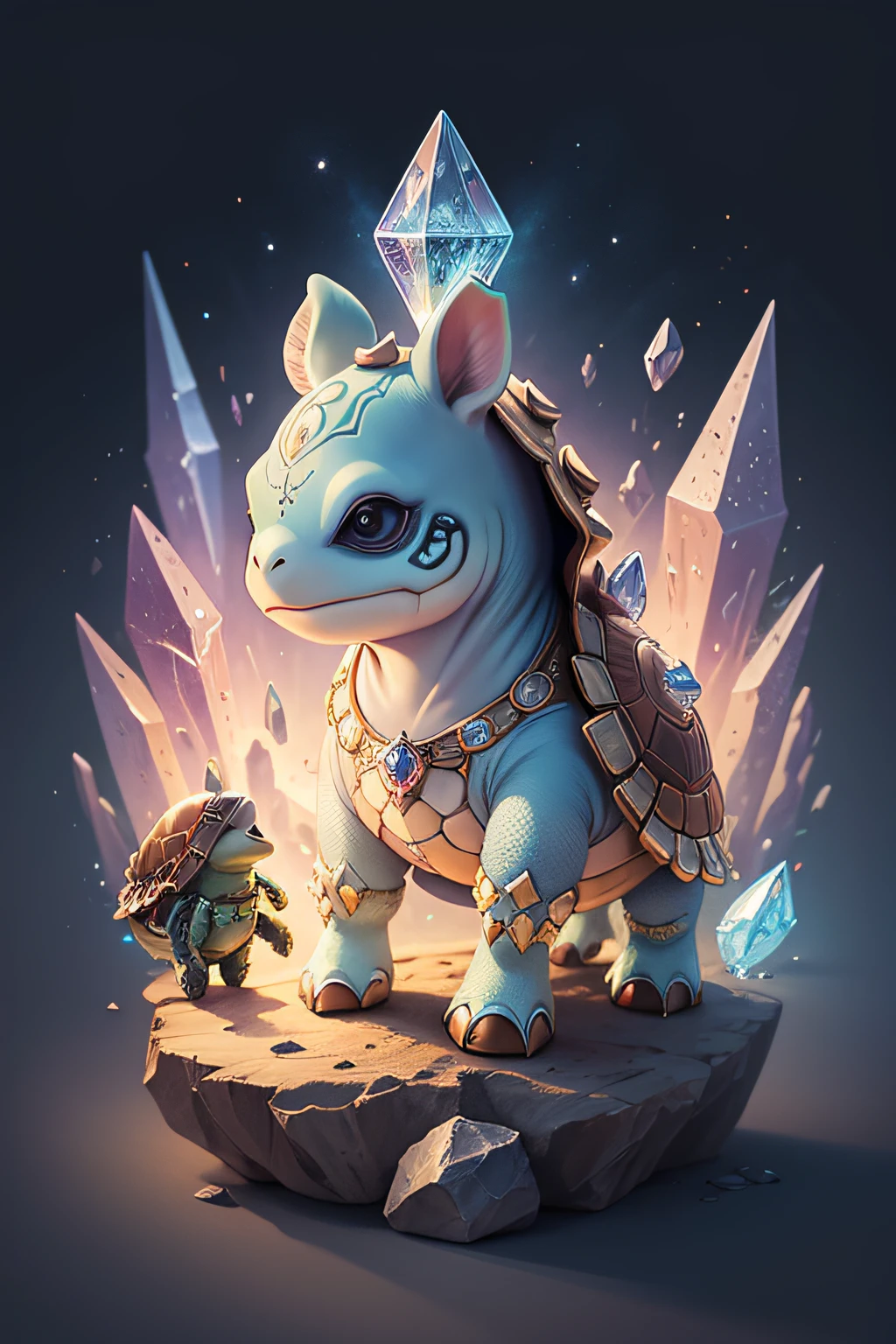 Cartoon illustration of baby turtle studded with hooves on crystal, Cartoon animal portrait, Magical characters, official illustrations, Cute portrait of baby turtle studded with hooves in crystal