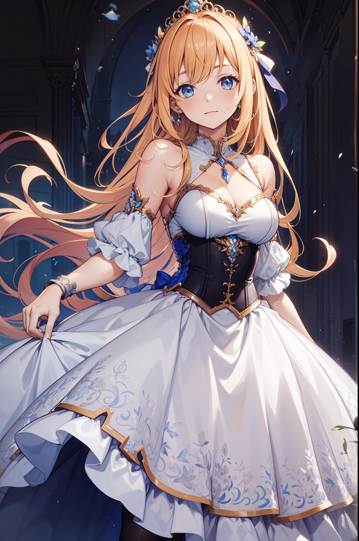 Masterpiece, 8K, Sharp focus, high resolution, Princess, Beautiful girl, Dreamy white dress with blue corset,super ultra detail,Seductive pose