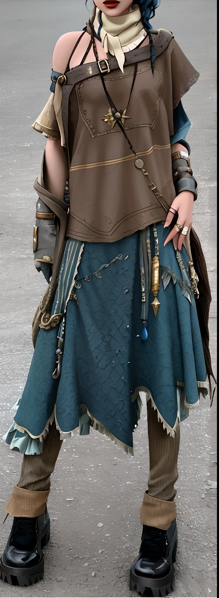 Alafi wears a costume of hat and scarf, layered skirts, Steampunk clothes, wide skirt, fantasy style clothing, Hierarchical verbose, wearing unusual clothes, wearing dresses, shamanistic dark blue clothes, old clothing, Ragged clothes, dressed in long fluent skirt, multilayered outfit, hip skirt wings, blue skirts, Tattered clothes