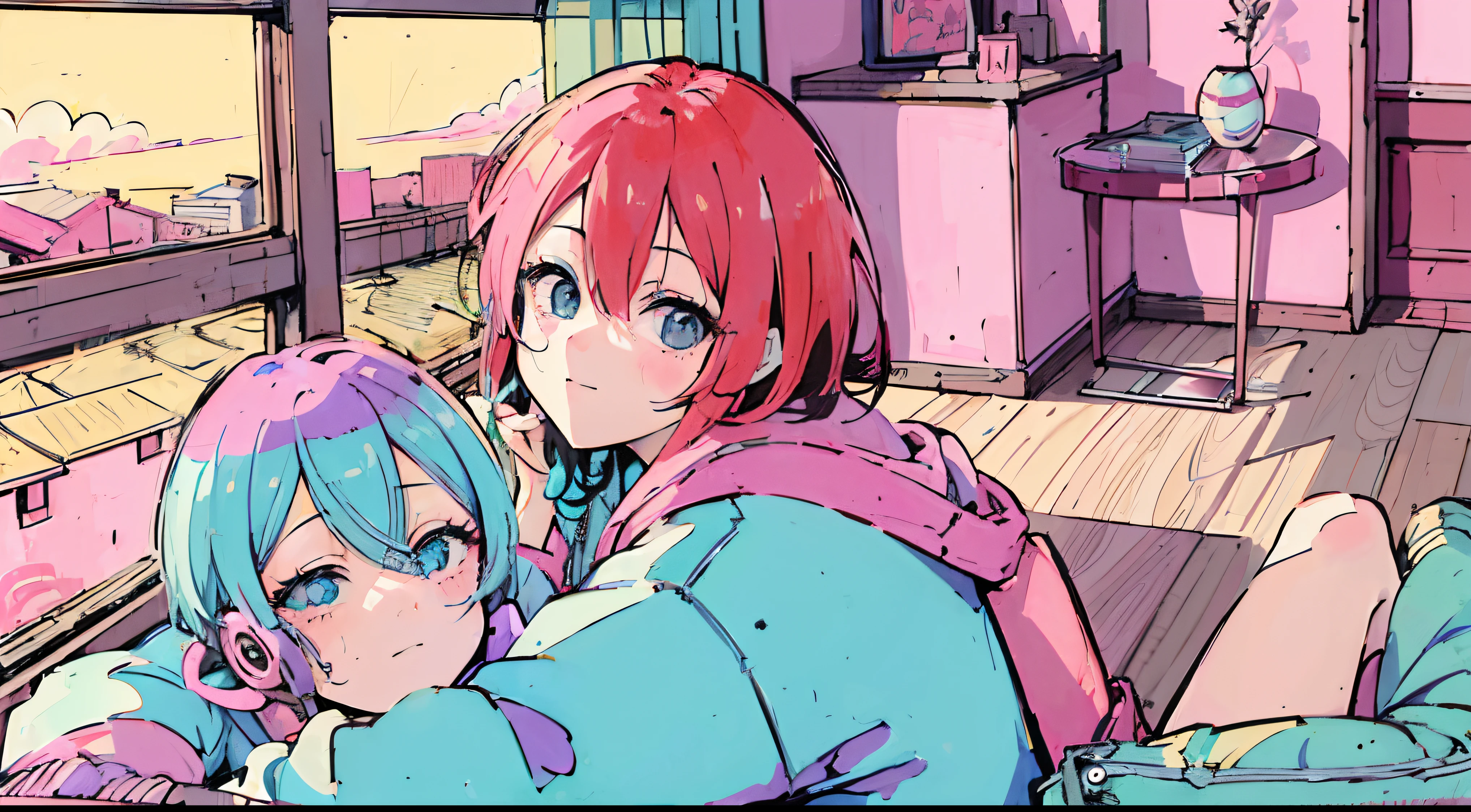 (masutepiece:1.5, Best Quality:1.5), ((Vaporwave Style, Partially colored)), close-up, From above, Movie angle, (((vanilla))),
1girll, Solo, Cute smile, Being in the room, The doll is a mess, decadent life,
Lie down in bed, Sunset outside the window, Street outside the window, Sunset outside the window,