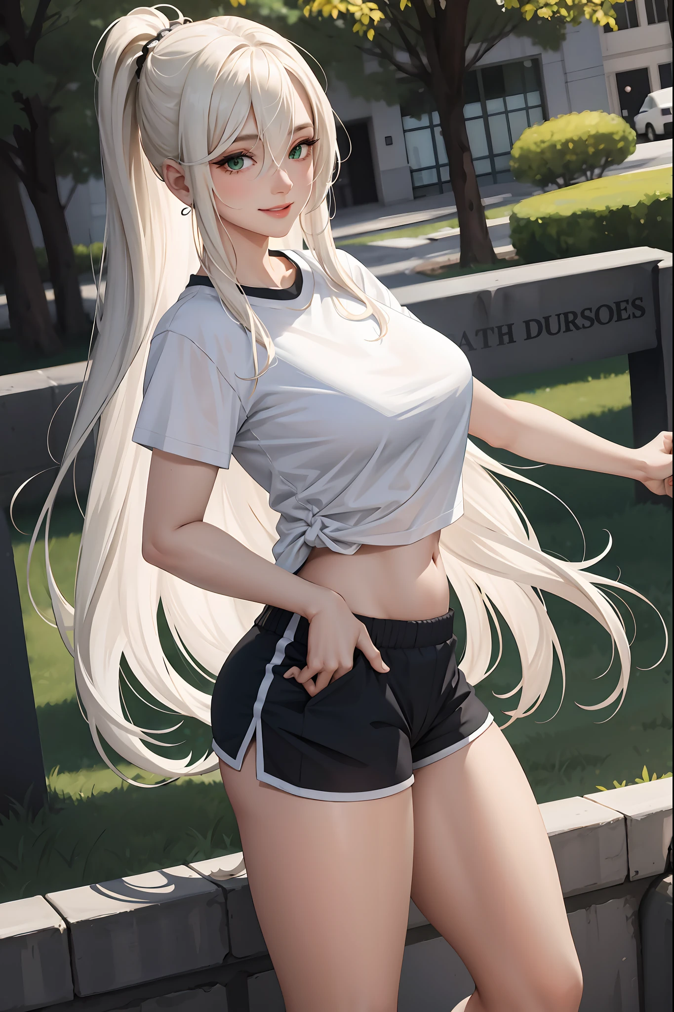 (masterpiece:1.2, best quality), (real picture, intricate details), 1lady, solo, whole body, long hair, minimal makeup, detailed face, smiling, really long light platinum blonde hair, bangs, hair between eyes, green eyes, big plump breasts, big ass, SFW, clothes, school PE uniform, white shirt, t-shirt, tight shirt, tight school t-shirt, school PE short, gym shorts, PE shorts