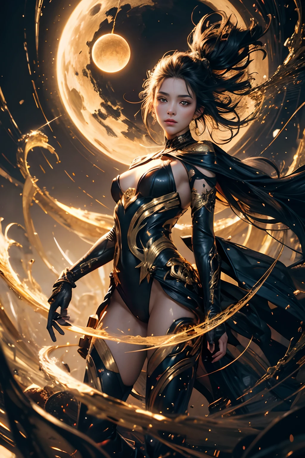 Perfect centralization, Fantastic black-gold beam, golden eyes, delight, Standing position, abstract beauty, centre, Looking at the camera, Facing the camera, nearing perfection, Dynamic, highly detailed, Liso, foco nítido, 8K, A high resolution, illustration, art by Carne Griffiths and Wadim Kashin, golden orbs characters Professional photography, bokeh
