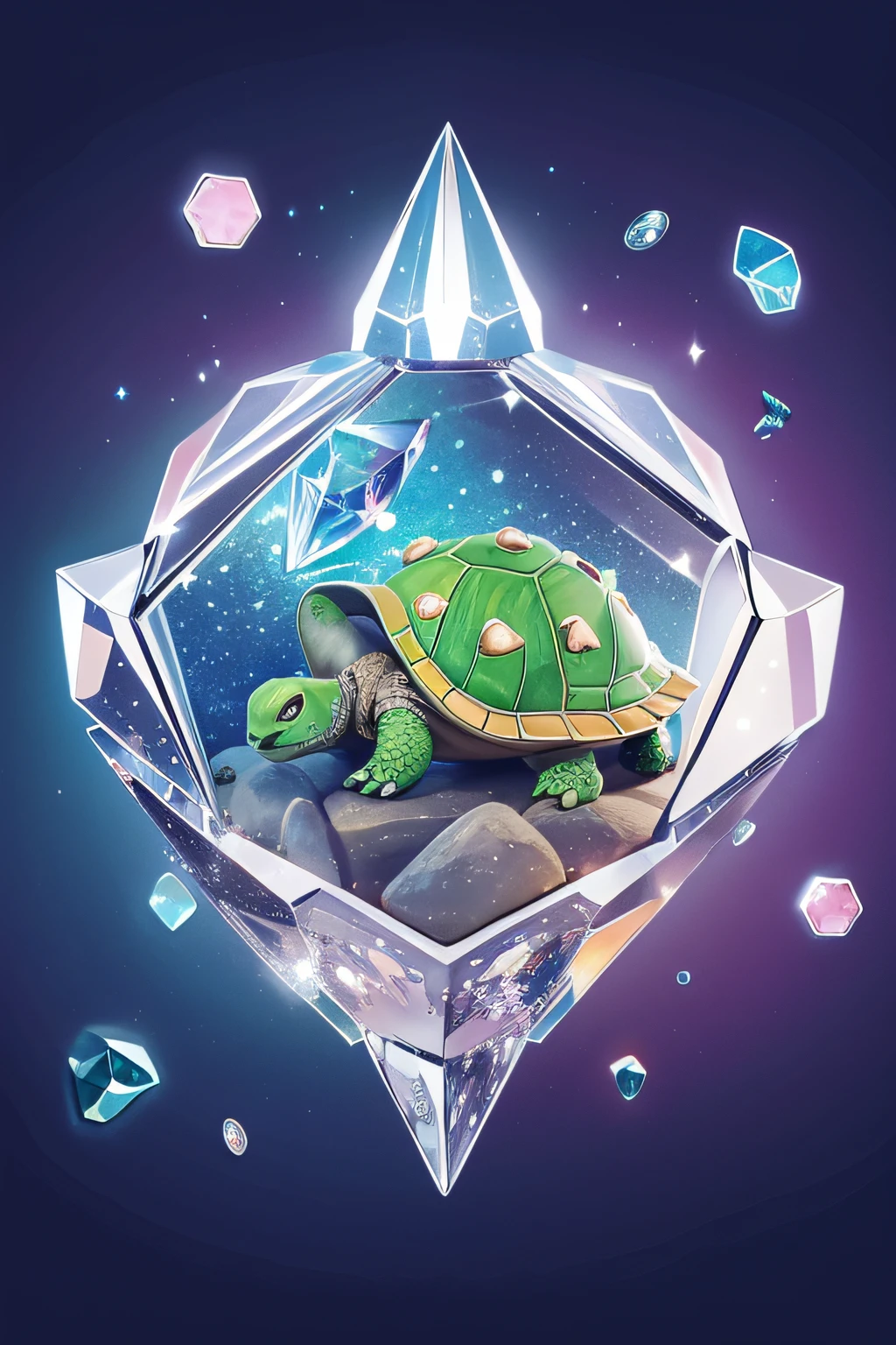 Cartoon illustration of turtle studded with hooves on crystal, Cartoon animal portrait, Magical characters, official illustrations, Cute portrait of babytle studded with hooves in crystal