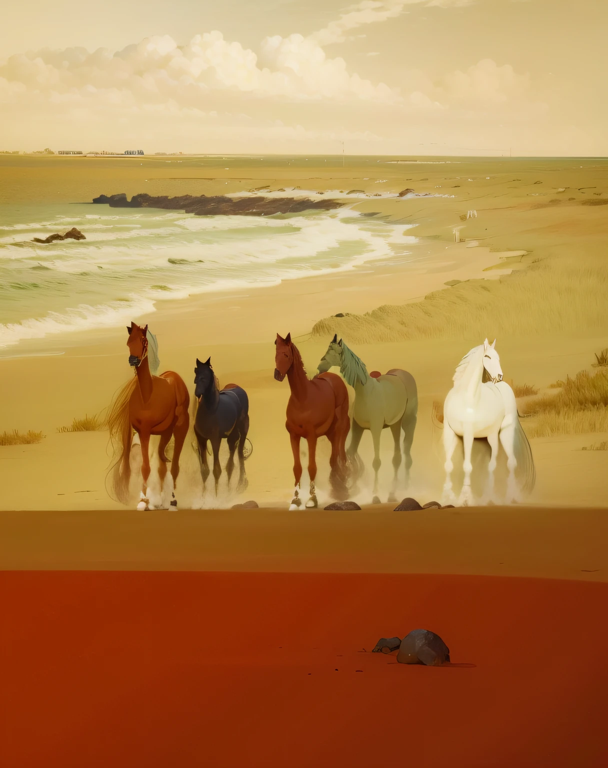 Painted horses line up on the beach by the sea, by Linda Sutton, Horse graffiti, author：Fang Congyi, author：Sheila McLean, author：Lisa Mirroy, author：Sylvia Vissat, author：Joan Brown, author：Jane Freeman, author：Paul Bird, author：Margaret Borden, the see horse valley, author：Fred Williams, Western art, author：Anne Dunn