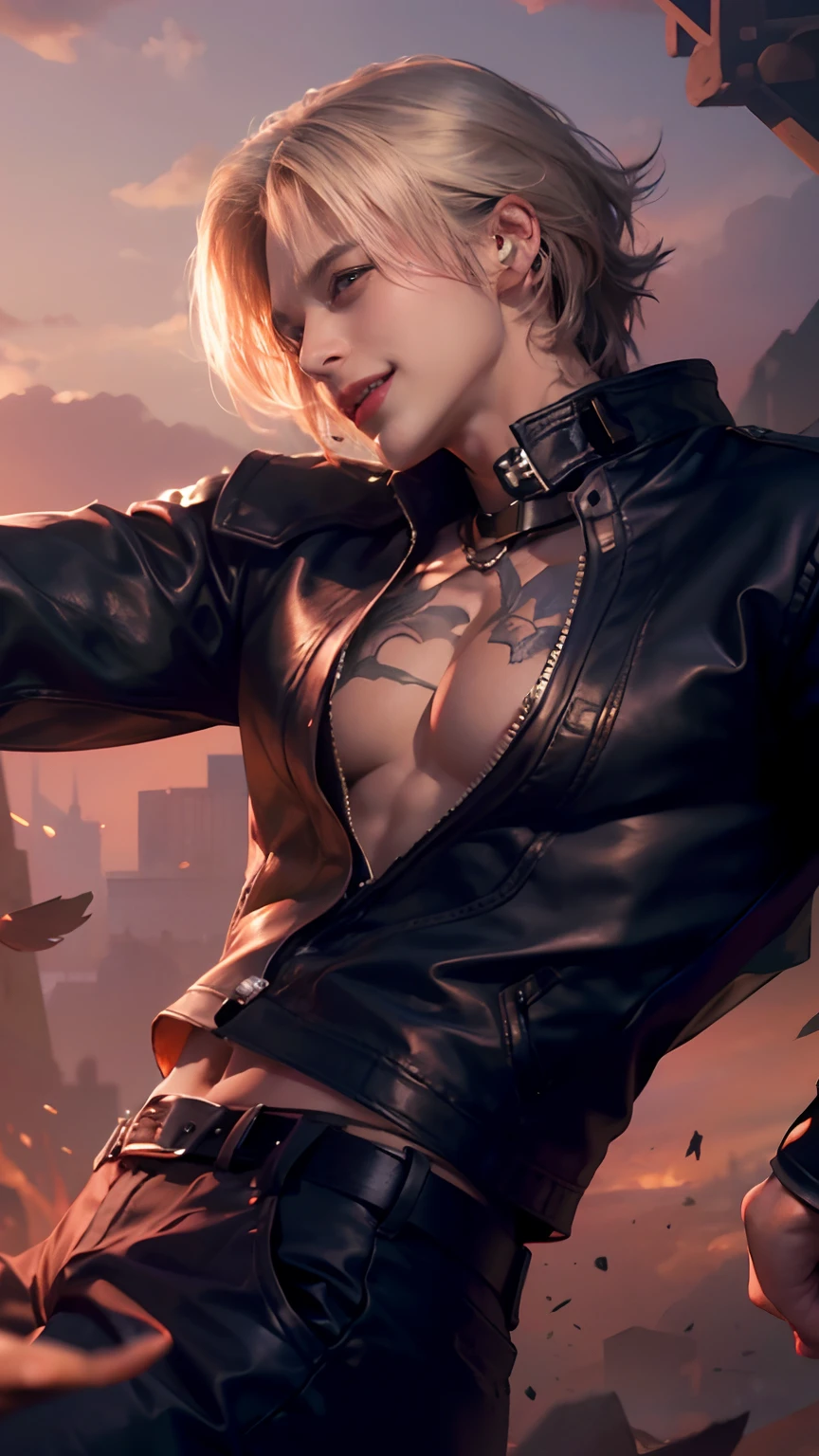 (closer view)1 man, golden eyes, handsome, with very short red hair (slicked back hairstyle) and a white shirt, smirk and grin, handsome and muscular guy in demon slayer art, guilty gear strive graphics, realistic, dynamic pose, realistic, detailed and correct facial structure, blades ornaments, attractive, LEON S. KENNEDY, cinematic lighting, unreal engine, trending on ArtStation, intricate details, masterpiece, best quality, by Irakli Nadar, Greg Rutkowski，(((best quality))),(((ultra detailed))),(((masterpiece)))