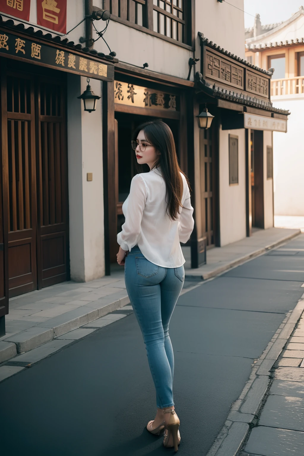 Wear skinny jeans,White color blouse,Plump buttocks,The back is charming,Wear gold wire glasses,The full-body photo fades away,Wuzhen Old Street