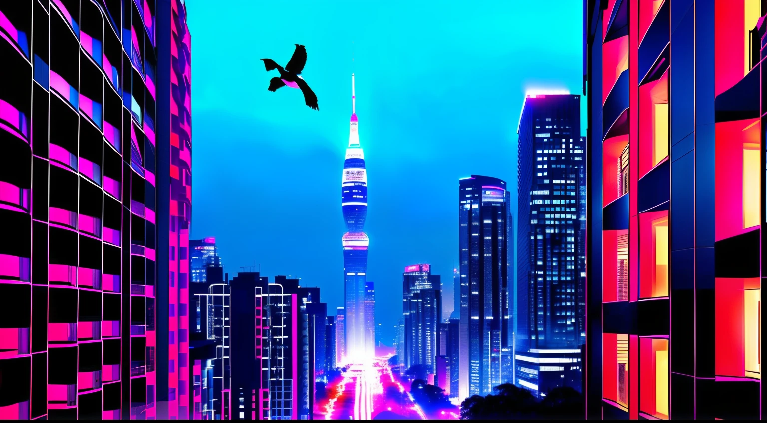 Cyberpunk style night view of the city,High-rise building with red and blue lights,It's futuristic。In the center of the frame is a motorcycle with a strong sense of design,Its lines are smooth,It's like having life force。There are several electronic birds floating around,Their eyes glow coldly。distance,Unknown oceans spread,Mystery and danger。The colors of this picture are mainly cool colors,But without losing the layering,Make people feel a unique visual impact。