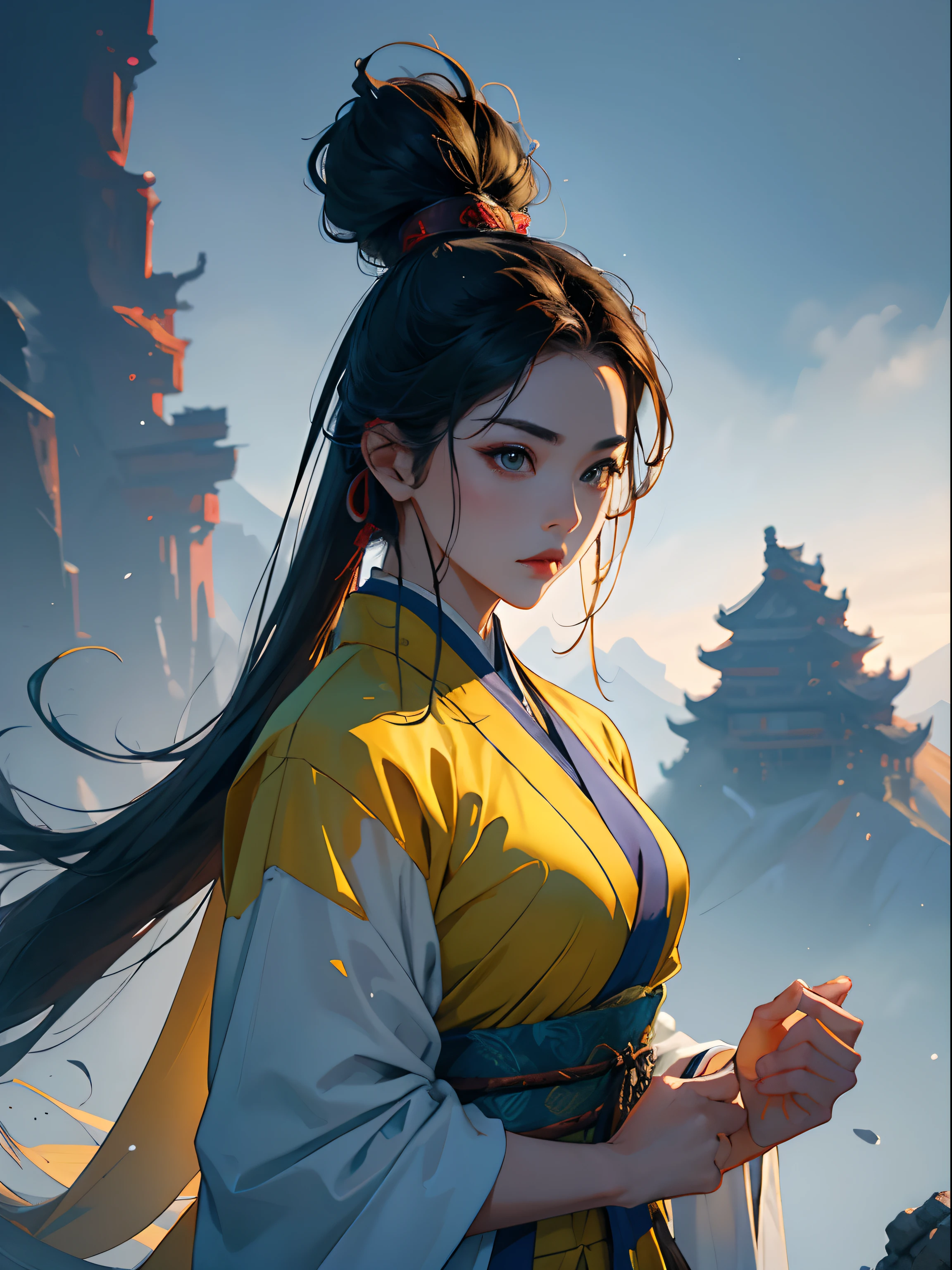 A woman who is,The head of martial arts,Upper body portrait,Yellow main color,Steady style,hair flowing,Beautiful eyes,Ultra-clear image quality,8K,Wuxia style ancient costume,Yellow mountain peaks in the background