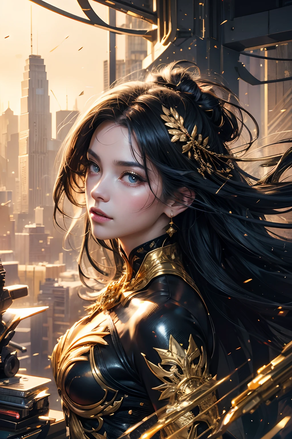 tmasterpiece,top-quality,best qualityer,offcial art,Beauty and aesthetics:1.2),(tmasterpiece:1.3), (8K, realisticlying, RAW photos, best qualtiy: 1.4), beauitful face, (photorealiscic face),超高分辨率, Ultra photo realsisim, highly detailed, the golden ratio, (with dynamism:1.3),(Saturation:1.3),illusory engine, (High detail: 1.9),(femele:1.4),(Large breasts),woman,Dragon's horn,Bat wings,The background is the destroyed city,Mid-range portrait