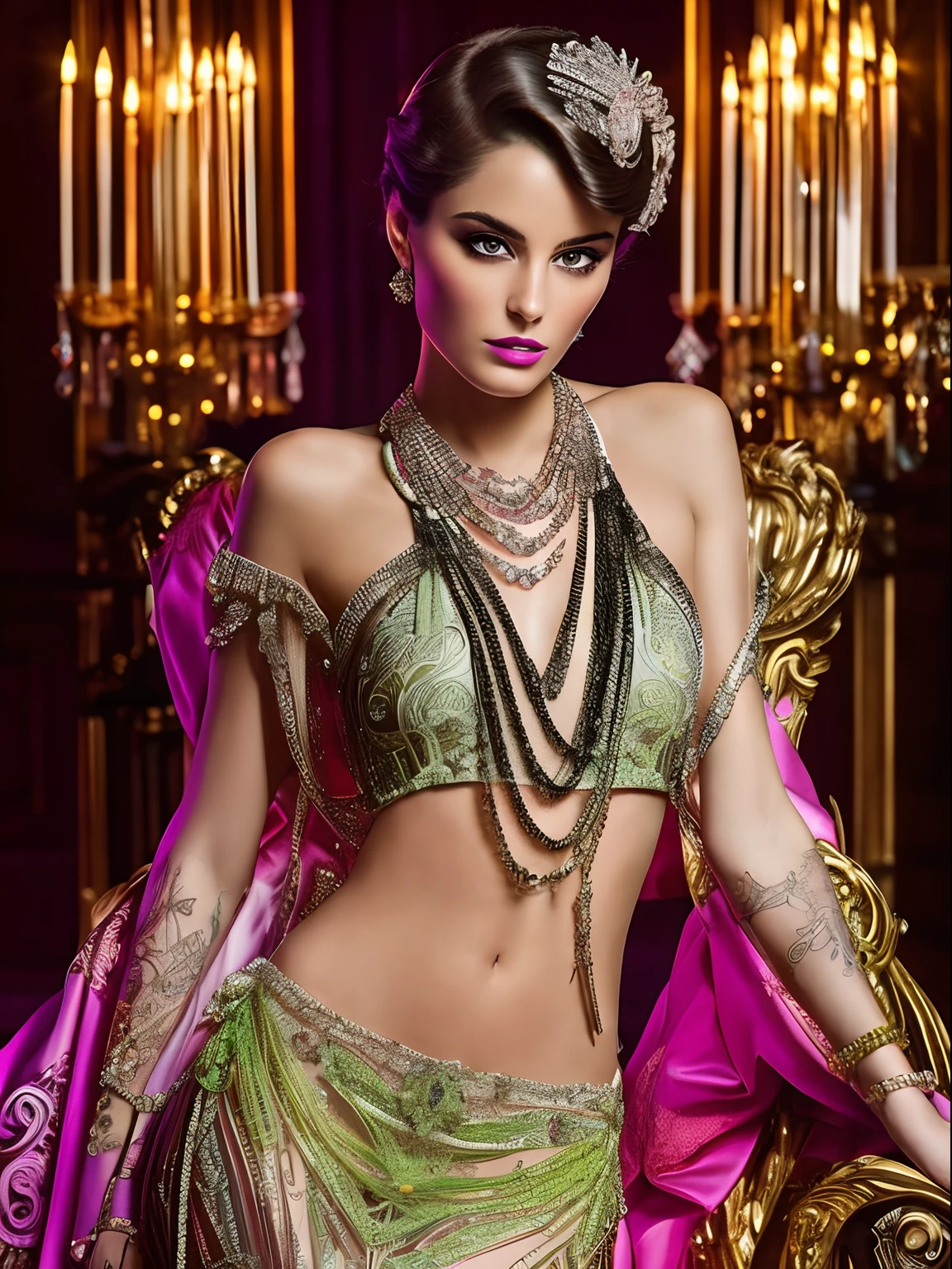 (masterpiece) A stunning image of a insanely stunning modern-day aristocrat with a twist of rococo extravance, reminiscent of Tamara de Lempicka’s Art Deco elegance. Incorporated bold neon lights to highlight the intricate rococo details, casting a mesmerizing glow on the subject, style raw, in the style of shiny swarovski crystals.