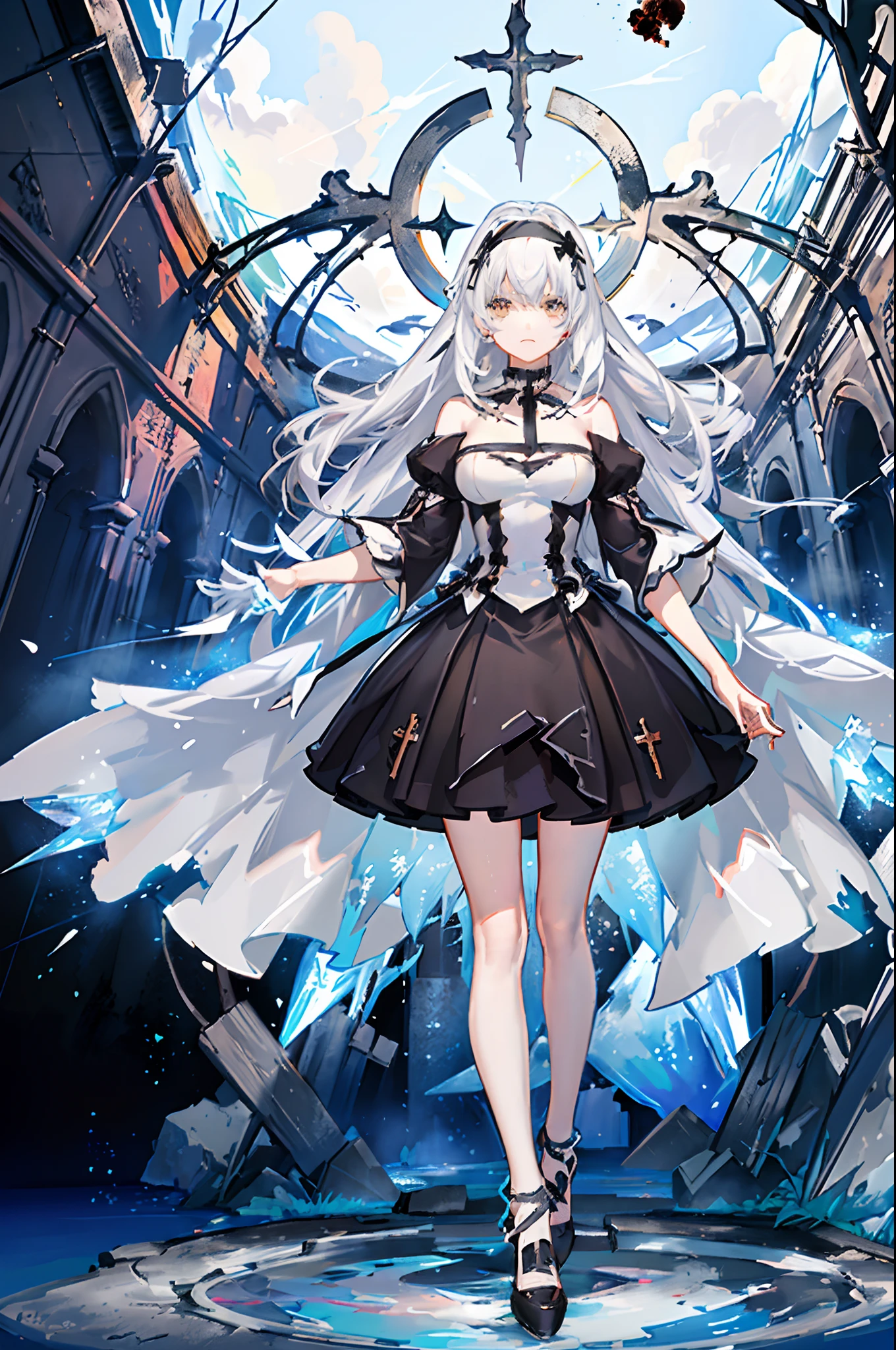 (Top image quality)、(Master's work)、(ultra-detailliert)、(Detailed depiction of the eyes:1.2)、(White light shines in:1.4)、(The upper part of the body:1.5)、(Dim ruins:1.3)、(skylight:1.4),(lensflare:1.3),(grim facial expression:1.5),(cleavage of the breast),(Cinematic poster:1.0,(Tarot Border:1.0),girl dress,(Black Fabric:1.3),(White ribbon:1.2),(Ice Magic:1.2),(middlebreasts),(thighs thighs thighs thighs),(Black and white double color hair:1.3),(short-cut),(frombelow:1.1),(a closeup: 1.2),(An abandoned church shining in light:1.5),(Chaotic geometric images:1.3),(negative space:0.8),(Drawing board:1.3),(Deities々Shine Light:1.2),(aureola:1.3),(Frozen ruins background:1.3),(Back_cutout:1.3)