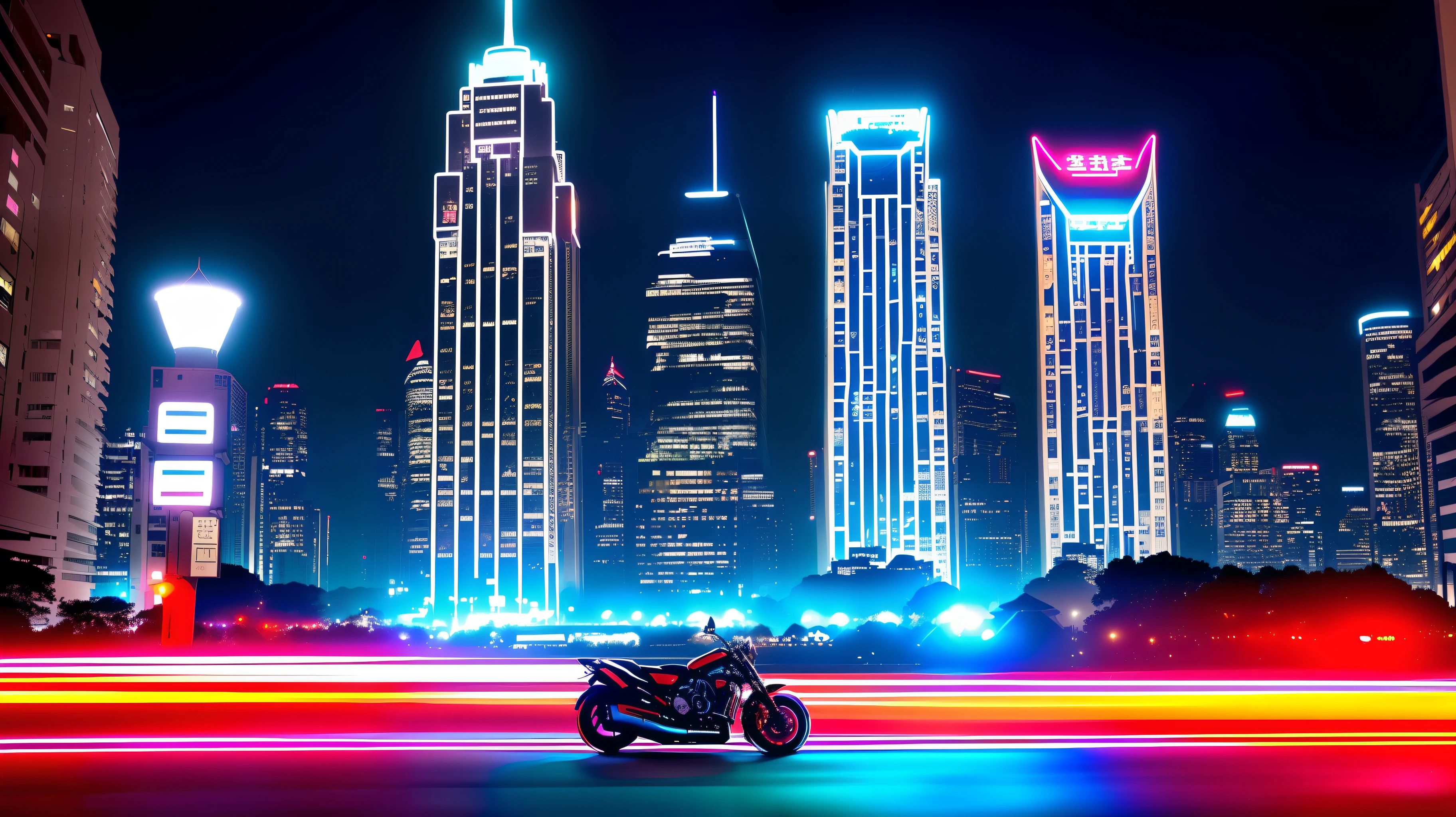 Cyberpunk style night view of the city,High-rise buildings with red and blue lights,It's futuristic。In the center of the picture is a motorcycle with a strong sense of design,Its lines are smooth,It's like having life force。There are several electronic birds floating around,Their eyes glow coldly。Distance,An unknown ocean spreads out,With mystery and danger。The colors of this picture are mainly cool tones,But without losing the sense of layering,It makes people feel a unique visual impact。