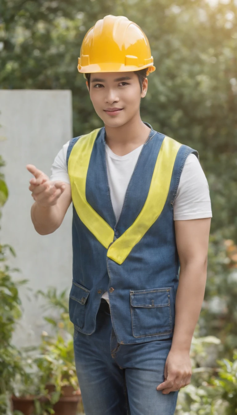 Project background shoot, Garden construction, well drilling construction work on the garden, a male construction worker (handsome construction guy, Indonesian male model, wearing construction vest, wearing yellow construction helmet) is having a discussion with tehe customer, the customer is a beautiful indonesian girl (beautiful girl, 25 years old girl indonesian female model, white skin, delicate eyes, blue shirt, white blazer, blue jeans long pants, ), full body photo shoot, realistic hands, realistic fingers, no extra hands, no extra fingers