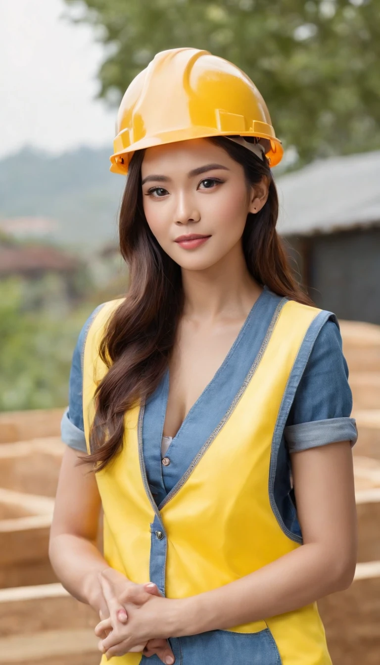 Project background shoot, Garden construction, well drilling construction work on the garden, a male construction worker (handsome construction guy, Indonesian male model, wearing construction vest, wearing yellow construction helmet) is having a discussion with tehe customer, the customer is a beautiful indonesian girl (beautiful girl, 25 years old girl indonesian female model, white skin, delicate eyes, blue shirt, white blazer, blue jeans long pants, ), full body photo shoot, realistic hands, realistic fingers, no extra hands, no extra fingers