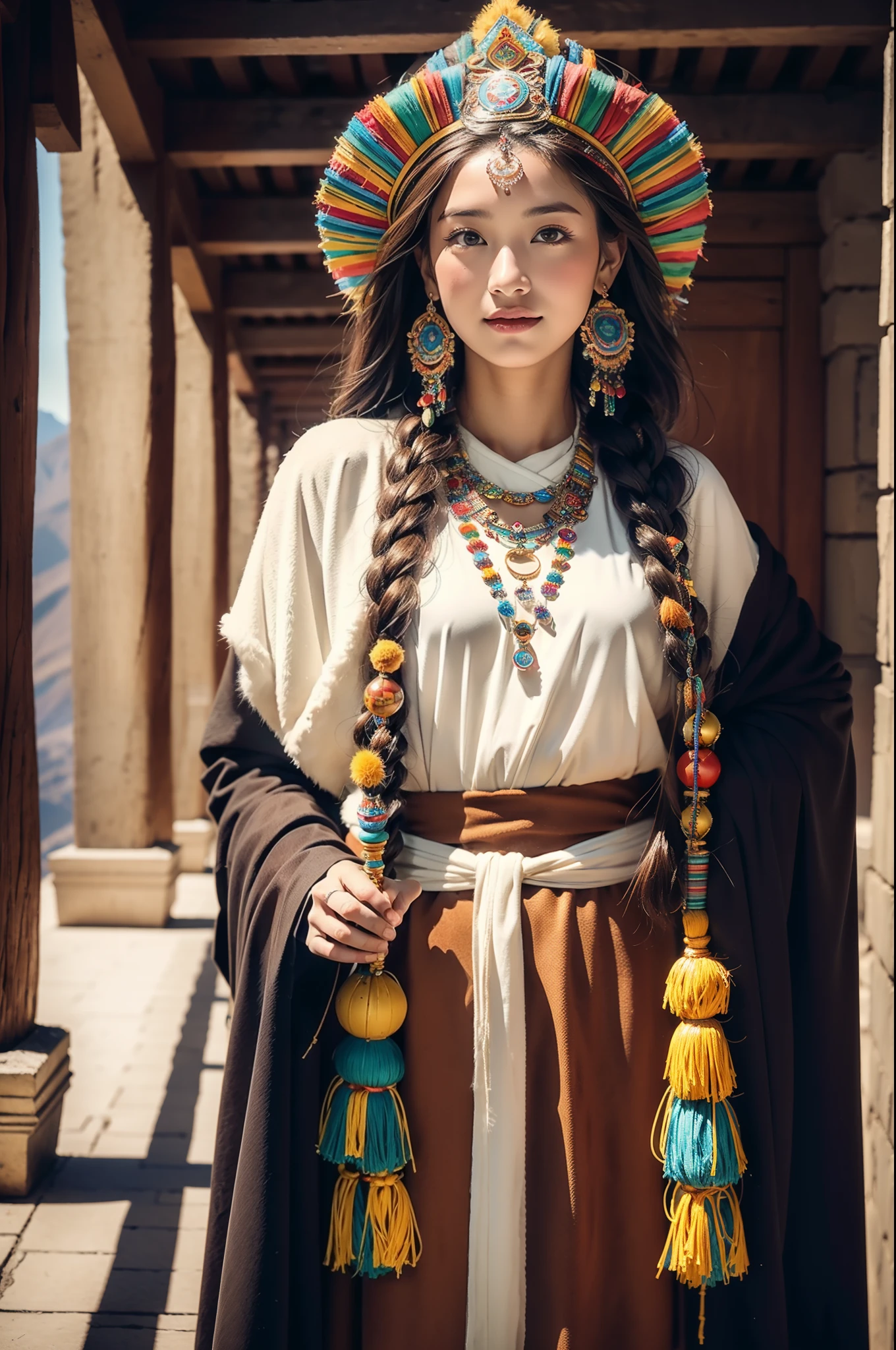 (Best quality,8K,A high resolution,Masterpiece:1.2),(Dark brown skin, Textured skin, Highland flushed face, Sunburn, tanned, sunspot), Beautiful Tibetan girl in Potala Palace, prayer flags，Potala Palace, Tibetan culture, Bright eyes, Traditional Tibetan art costumes, Tibetan robes, Tibetan headdress, Tibetan jewelry, Turquoise, amber, Observe the audience, Ultra-fine details, upscaled. Soft lighting, ultra - detailed, High quality, Vivid colors, Bokeh, hdr, hyper HD, Professional photography style.