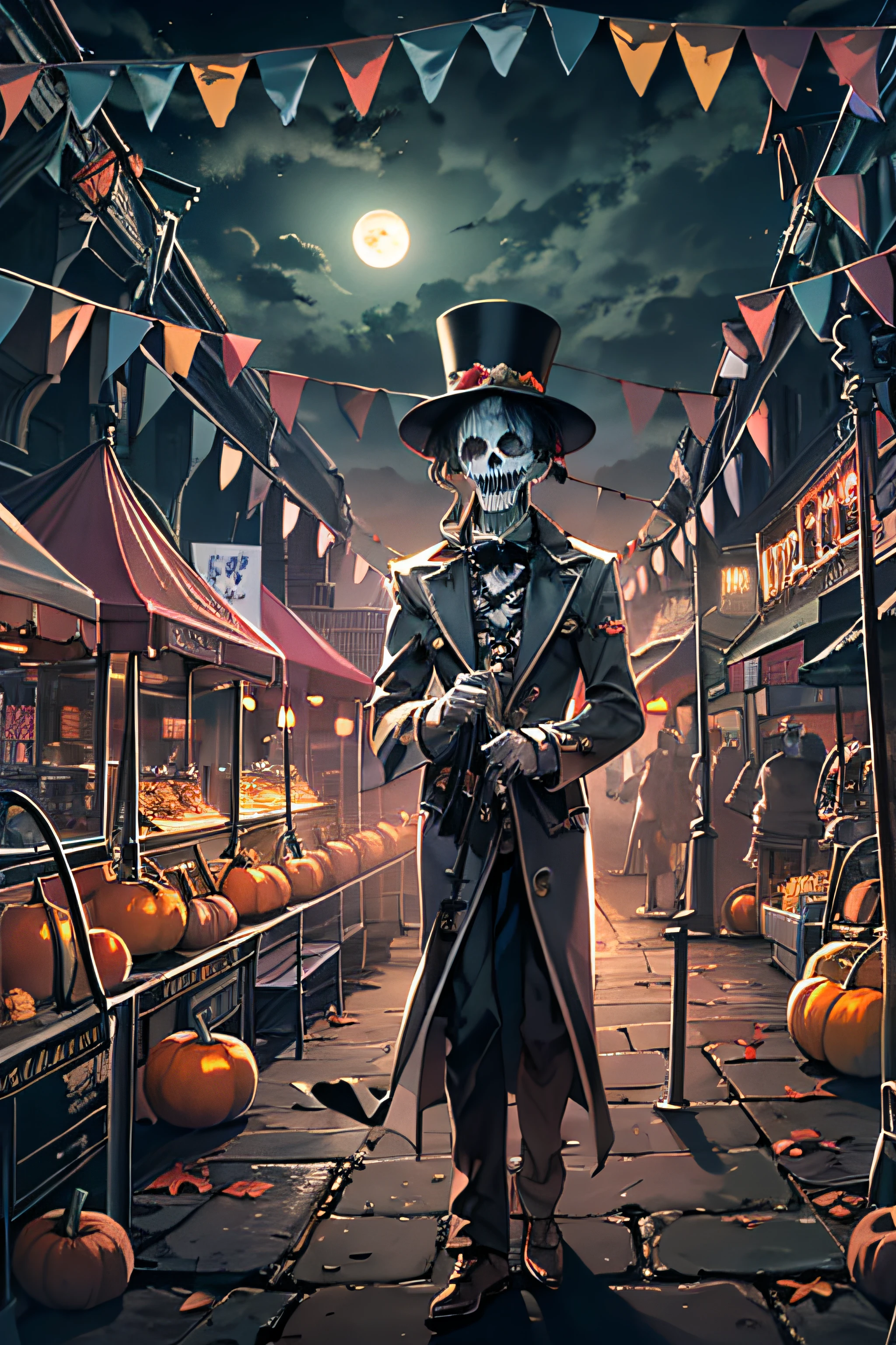 Create an image of a haunted carnival at twilight. In the foreground, a sinister-looking ringmaster, half-human and half-skeleton, is orchestrating a spectral circus of ghostly acrobats, creepy clowns, and enchanted carnival rides. Eerie, glowing pumpkins line the path, casting an otherworldly light on the scene. In the background, an ominous, full moon rises amidst a cloudy, starless sky.