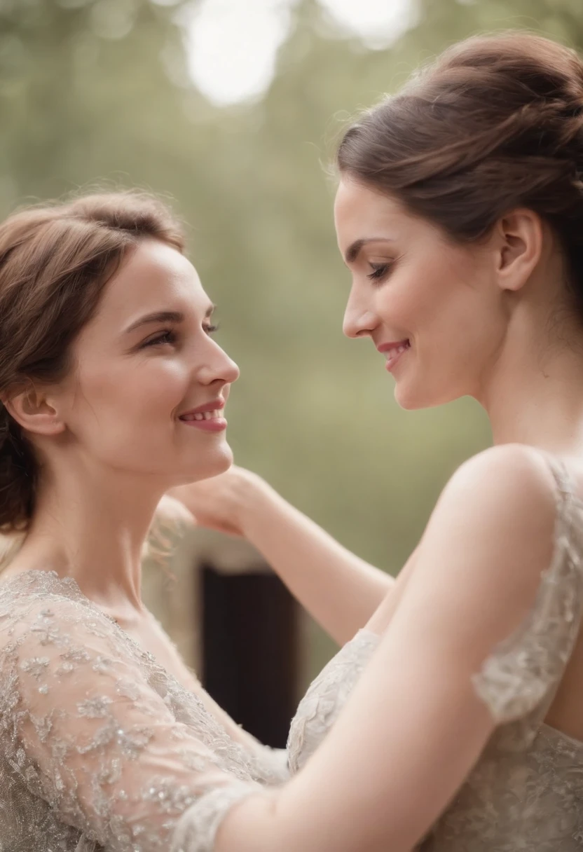 Two women looking at each other are very happy, e bem vestidas, Their arms are open to embrace each other