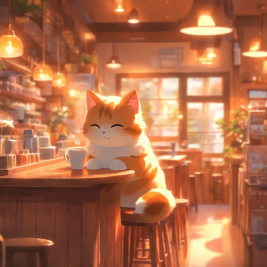 Kids Illustration,Relaxing coffee shop, coffee cup,Cute and cute cat clerk,Fatty, ((OC rendering))、counter、Warm light in the daytime