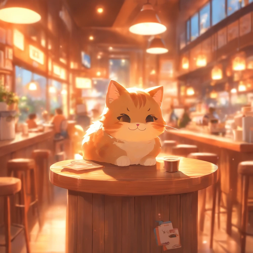 Kids Illustration,Relaxing coffee shop, coffee cup,Cute and cute cat clerk,Fatty, ((OC rendering))、counter、Warm light in the daytime