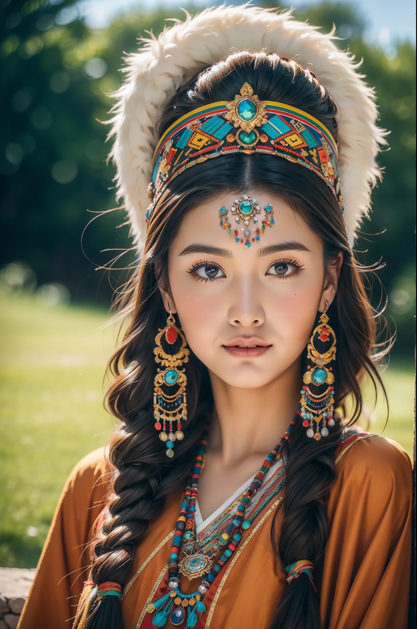 (Best quality,8K,A high resolution,Masterpiece:1.2),(Dark brown skin, Textured skin, Highland flushed face, Sunburn, tanned, sunspot), Beautiful Tibetan girl in Potala Palace, prayer flags，Potala Palace, Tibetan culture, Bright eyes, Traditional Tibetan art costumes, Tibetan robes, Tibetan headdress, Tibetan jewelry, Turquoise, amber, Observe the audience, Ultra-fine details, upscaled. Soft lighting, ultra - detailed, High quality, Vivid colors, Bokeh, hdr, hyper HD, Professional photography style.