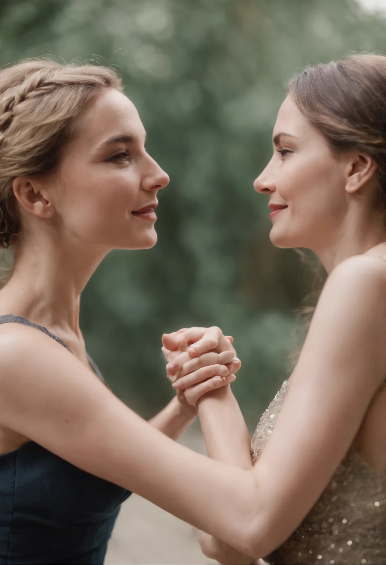Two women looking at each other are very happy, e bem vestidas, Their arms are open to embrace each other