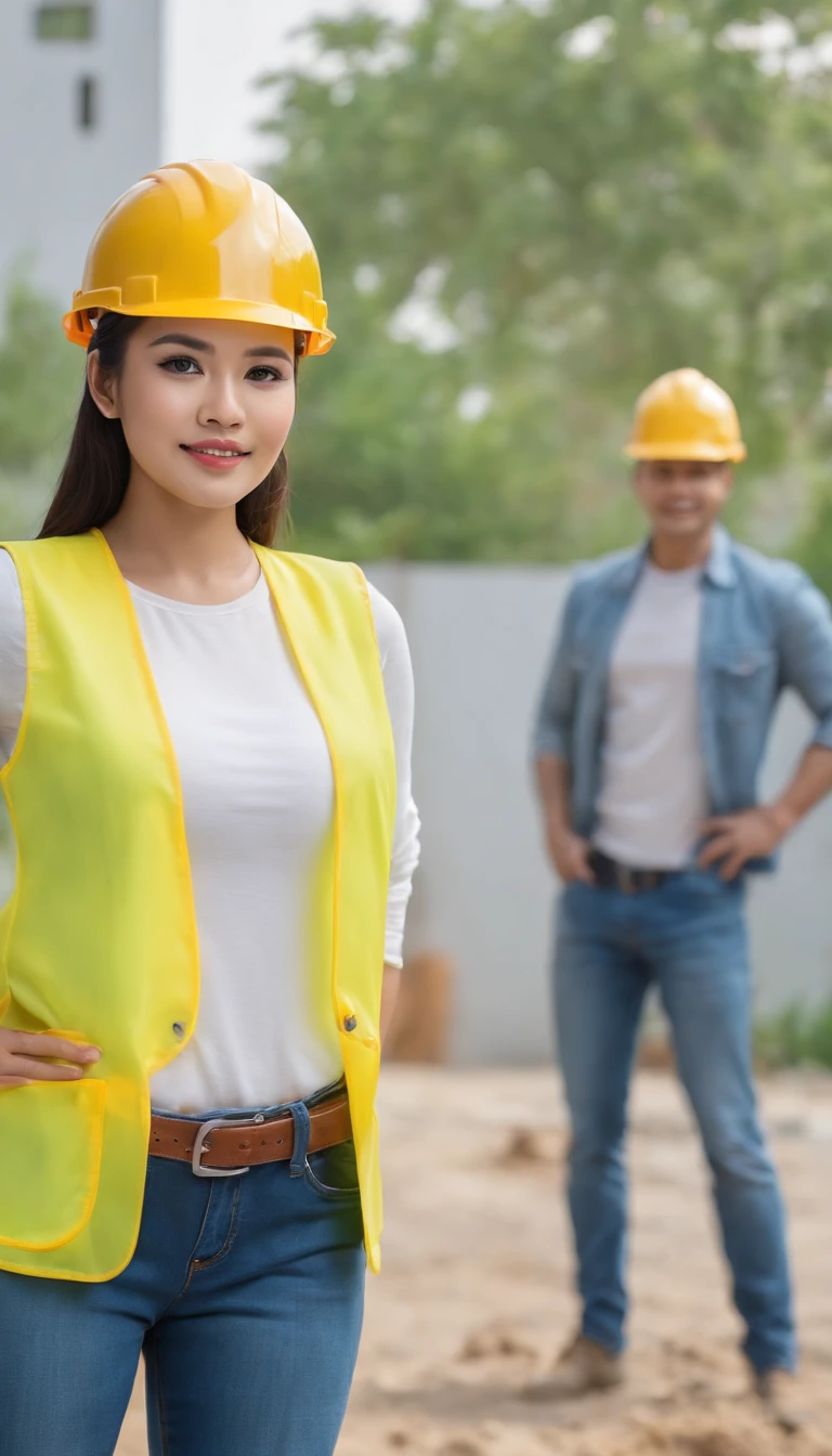 Project background shoot, Garden construction, well drilling construction work on the garden, a male construction worker (handsome construction guy, Indonesian male model, wearing construction vest, wearing yellow construction helmet) is having a discussion with tehe customer, the customer is a beautiful indonesian girl (beautiful girl, 25 years old girl indonesian female model, white skin, delicate eyes, blue shirt, white blazer, blue jeans long pants, ), full body photo shoot, realistic hands, realistic fingers, no extra hands, no extra fingers