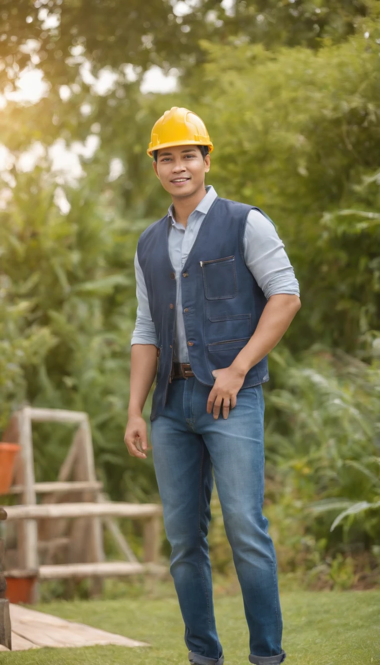 Project background shoot, Garden construction, well drilling construction work on the garden, a male construction worker (handsome construction guy, Indonesian male model, wearing construction vest, wearing yellow construction helmet) is having a discussion with tehe customer, the customer is a beautiful indonesian girl (beautiful girl, 25 years old girl indonesian female model, white skin, delicate eyes, blue shirt, white blazer, blue jeans long pants, ), full body photo shoot, realistic hands, realistic fingers, no extra hands, no extra fingers