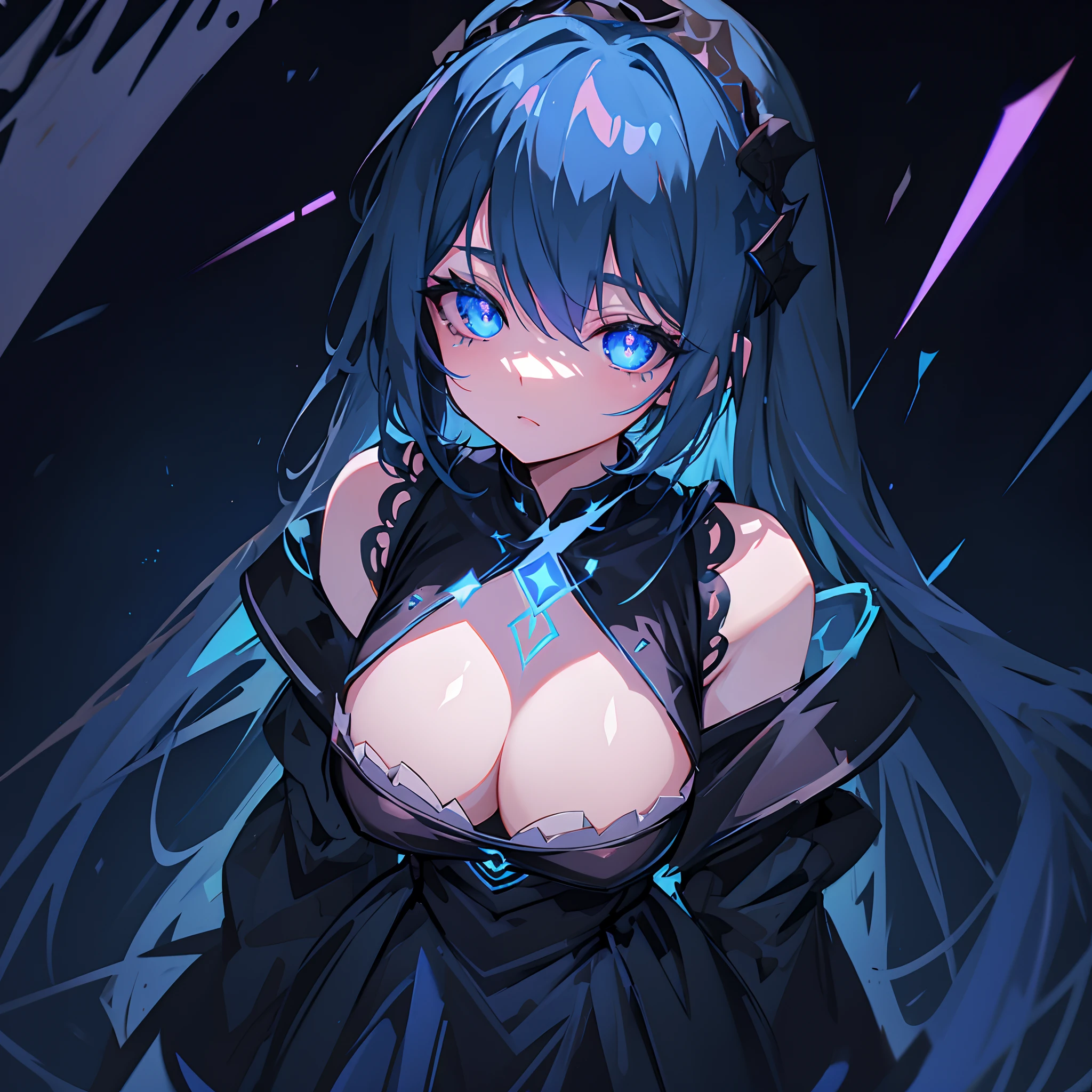 League of Legends character Gwen,League of Legends,Blue starry sky background,Meteors skipped by,blue color eyes,On the back there is a giant blue scissors phantom,Black ta dress,goth style,goth loliicate facial features like dolls, anime big breast, Guibli, style of anime, closeup cleavage, first person perspective, 8K, super detailing, tmasterpiece,super detailing, high qulity,A high resolution, High detail,blissful,curlies,strong lights,Pupillary details,Symmetrical pupils,Pupil highlight,Sharpening of details,Dazzling light,Background bokeh。